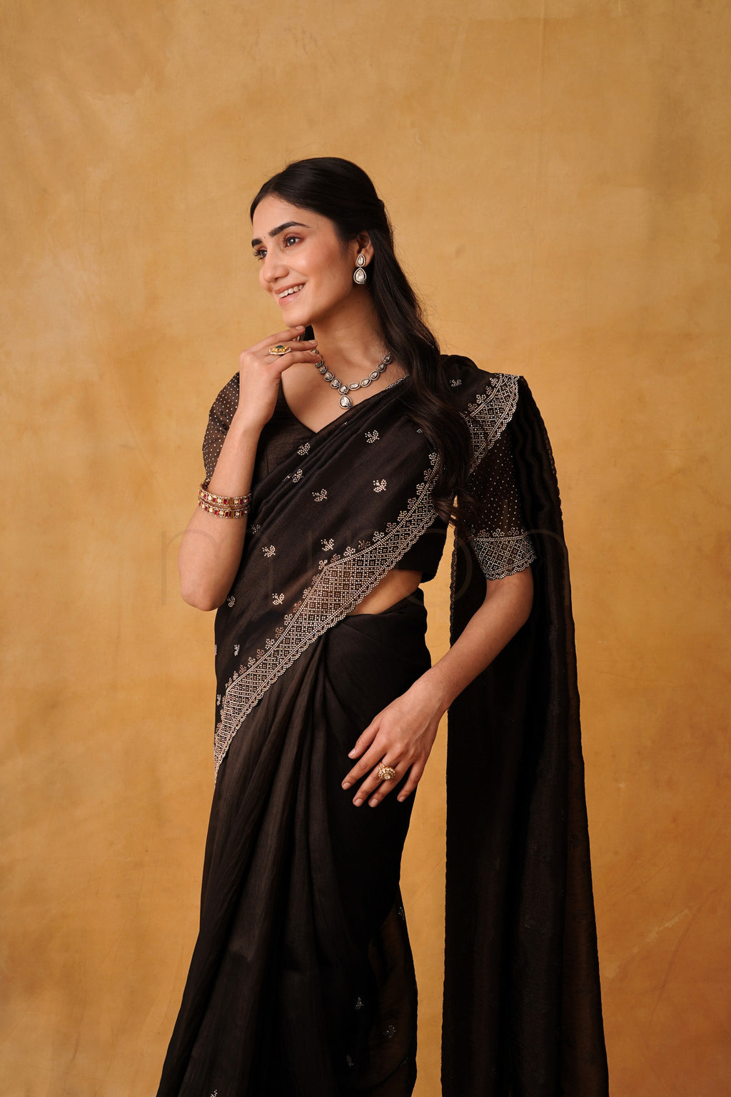 Coffee Luxe Organza Saree with Micro-Stone Embellished Border