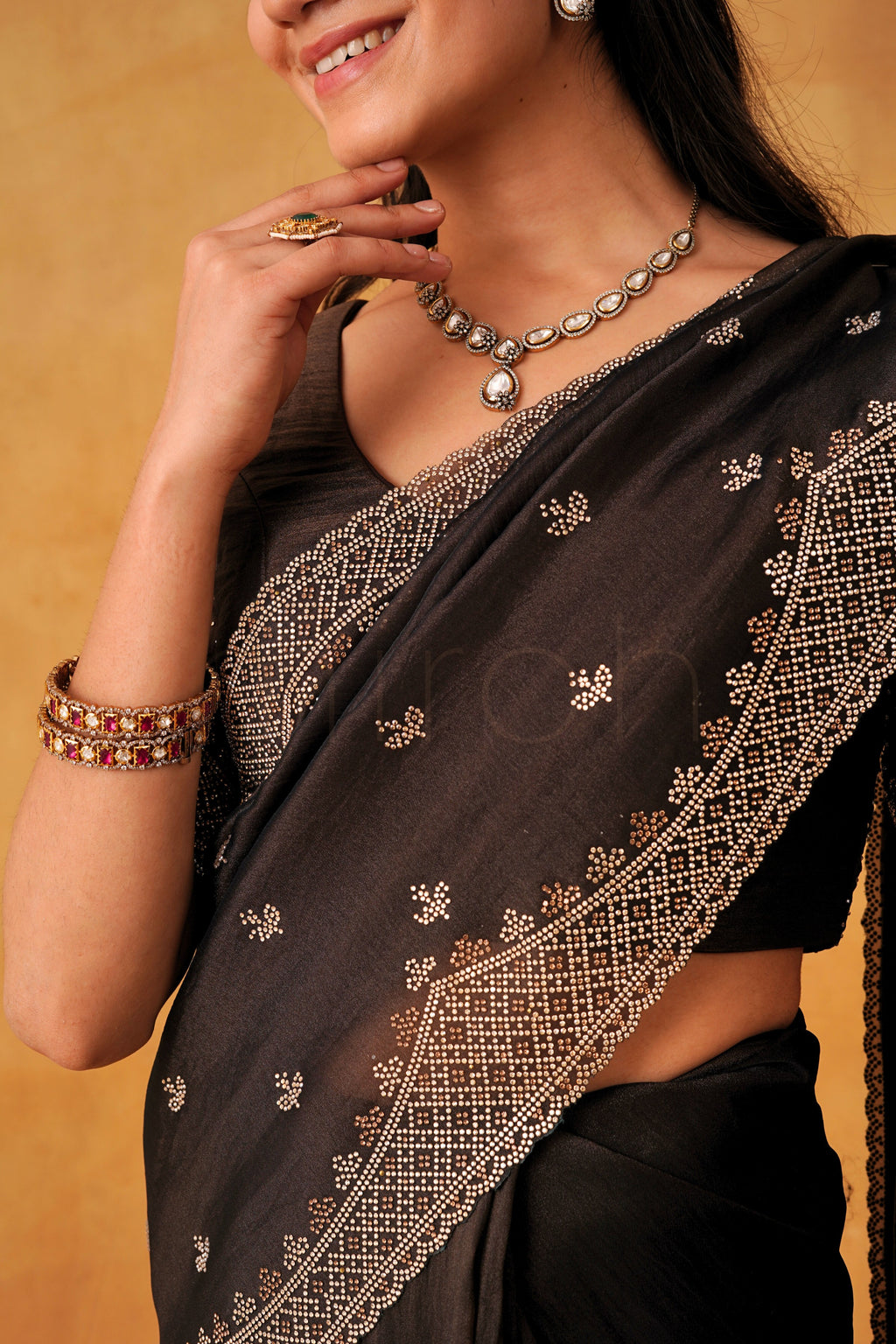 Coffee Luxe Organza Saree with Micro-Stone Embellished Border