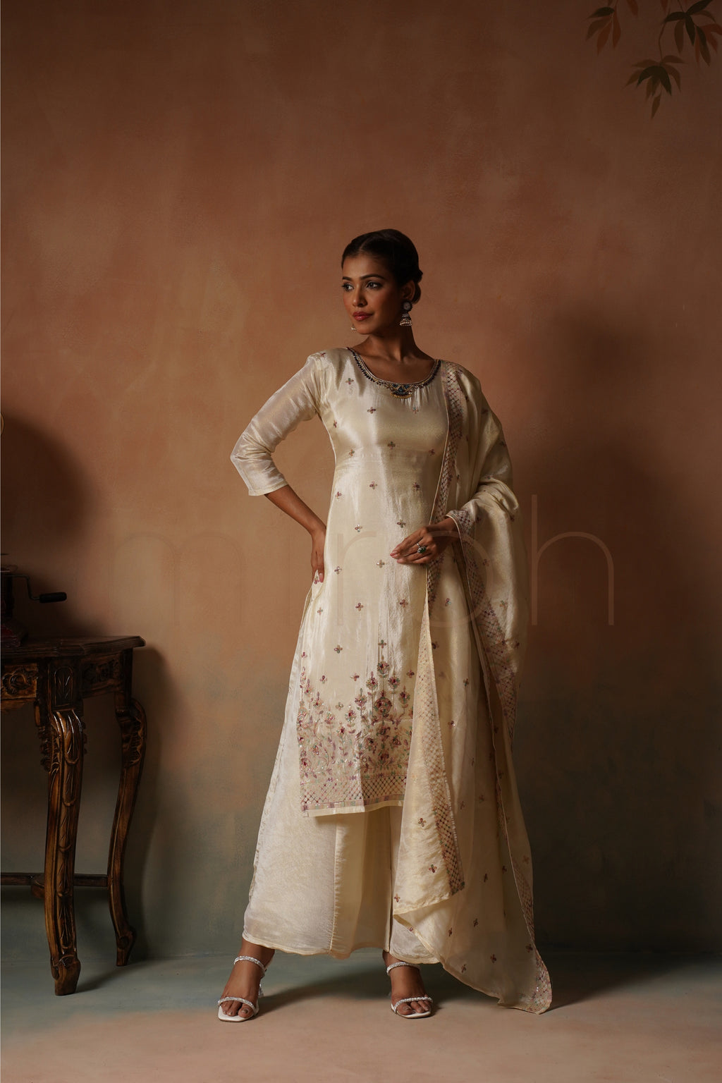 Off-White Shimmer Embroidered Suit Set