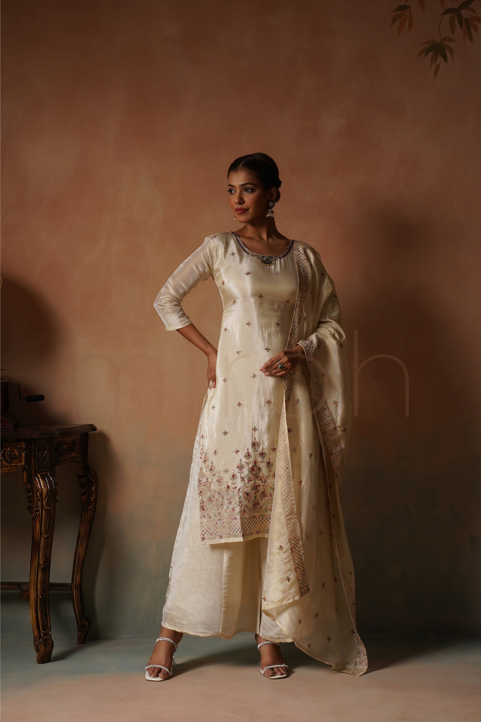 Off-White Shimmer Embroidered Suit Set