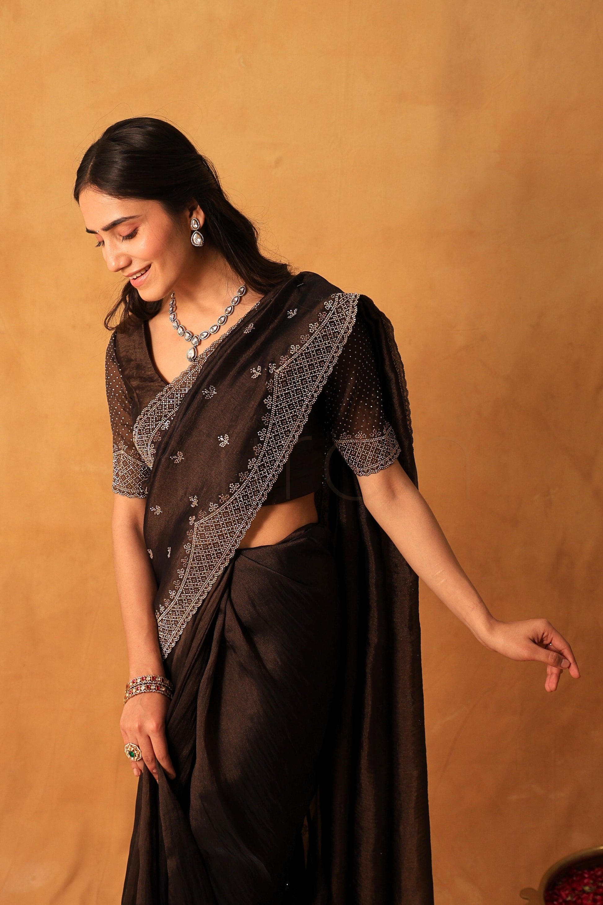 Coffee Luxe Organza Saree with Micro-Stone Embellished Border