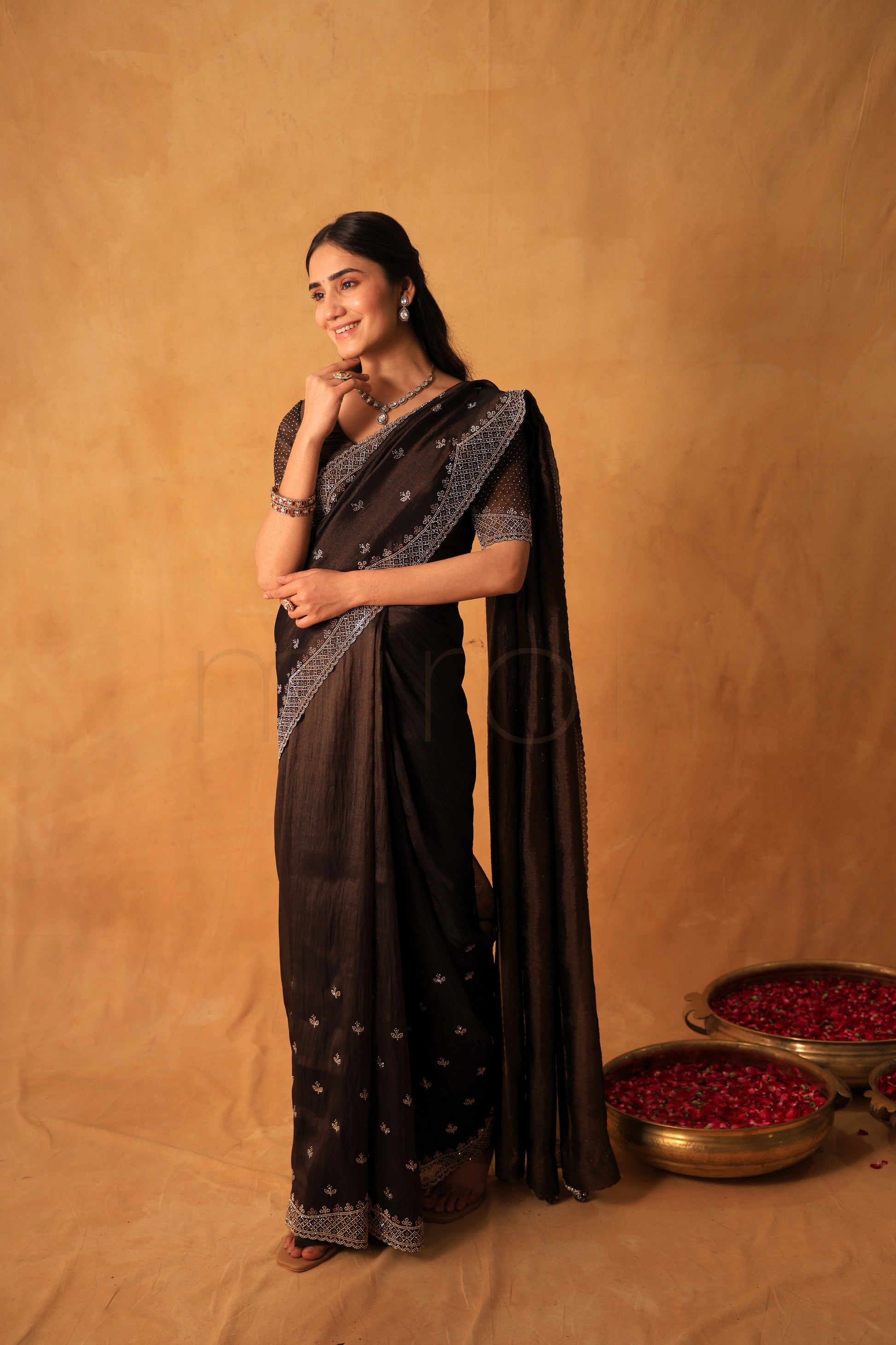 Coffee Luxe Organza Saree with Micro-Stone Embellished Border