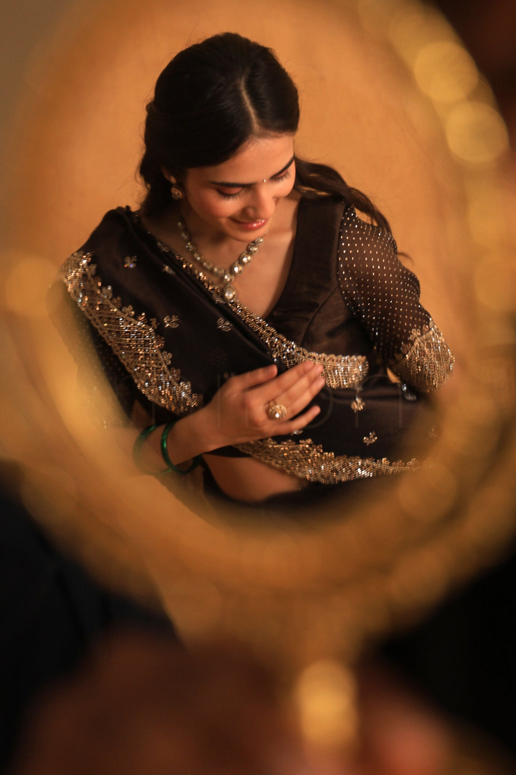 Coffee Luxe Organza Saree with Micro-Stone Embellished Border