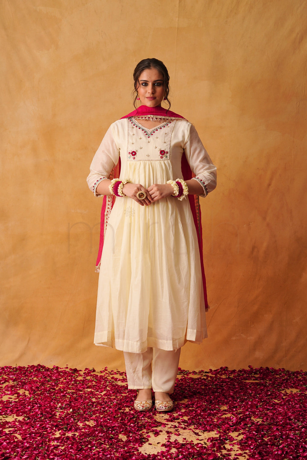 Ivory Mul Chanderi Suit with Rani Pink Dupatta