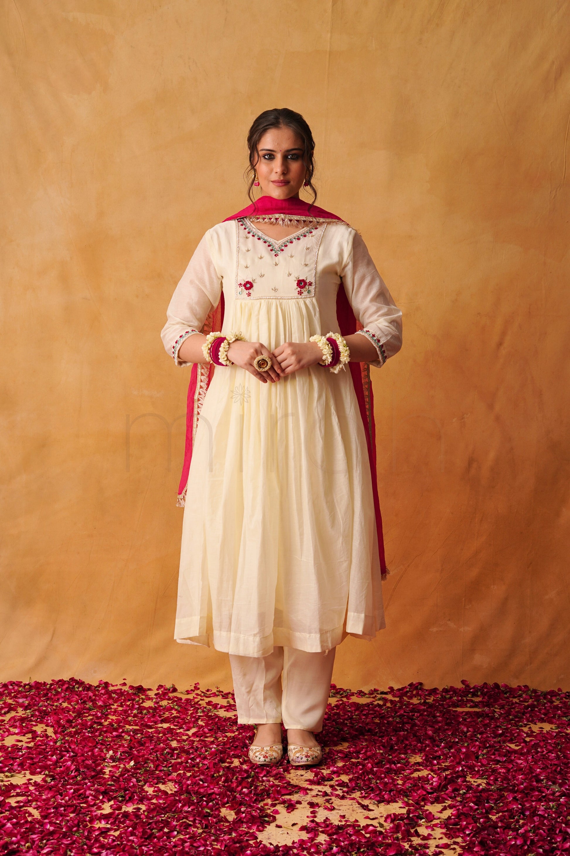 Ivory Mul Chanderi Suit with Rani Pink Dupatta