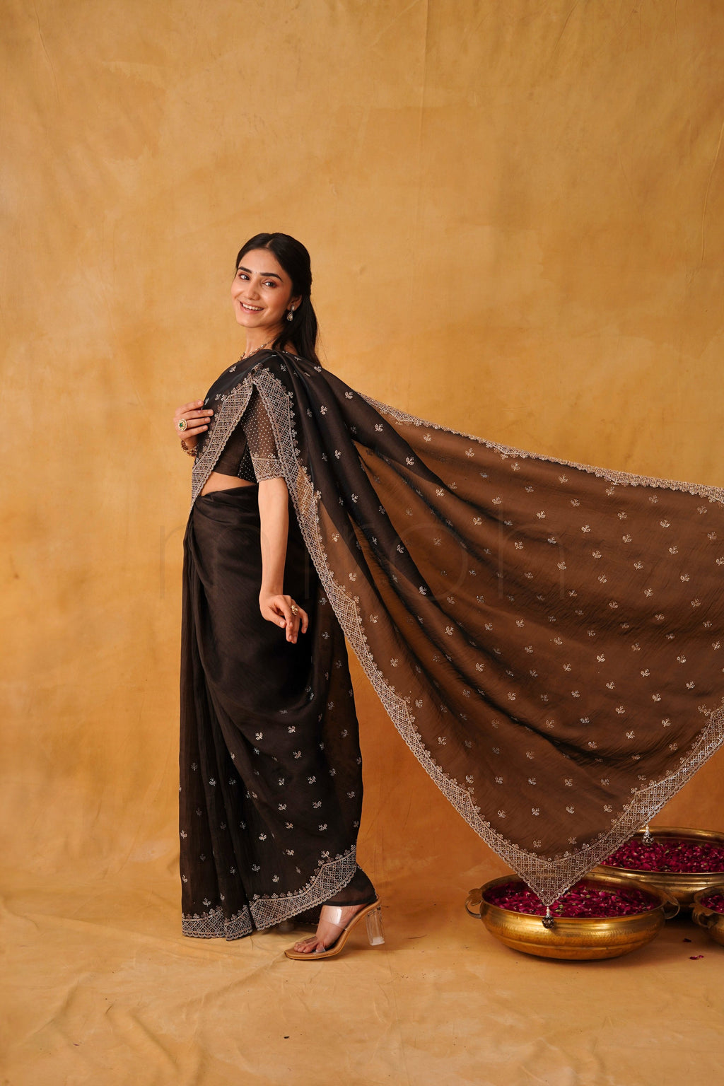 Coffee Luxe Organza Saree with Micro-Stone Embellished Border