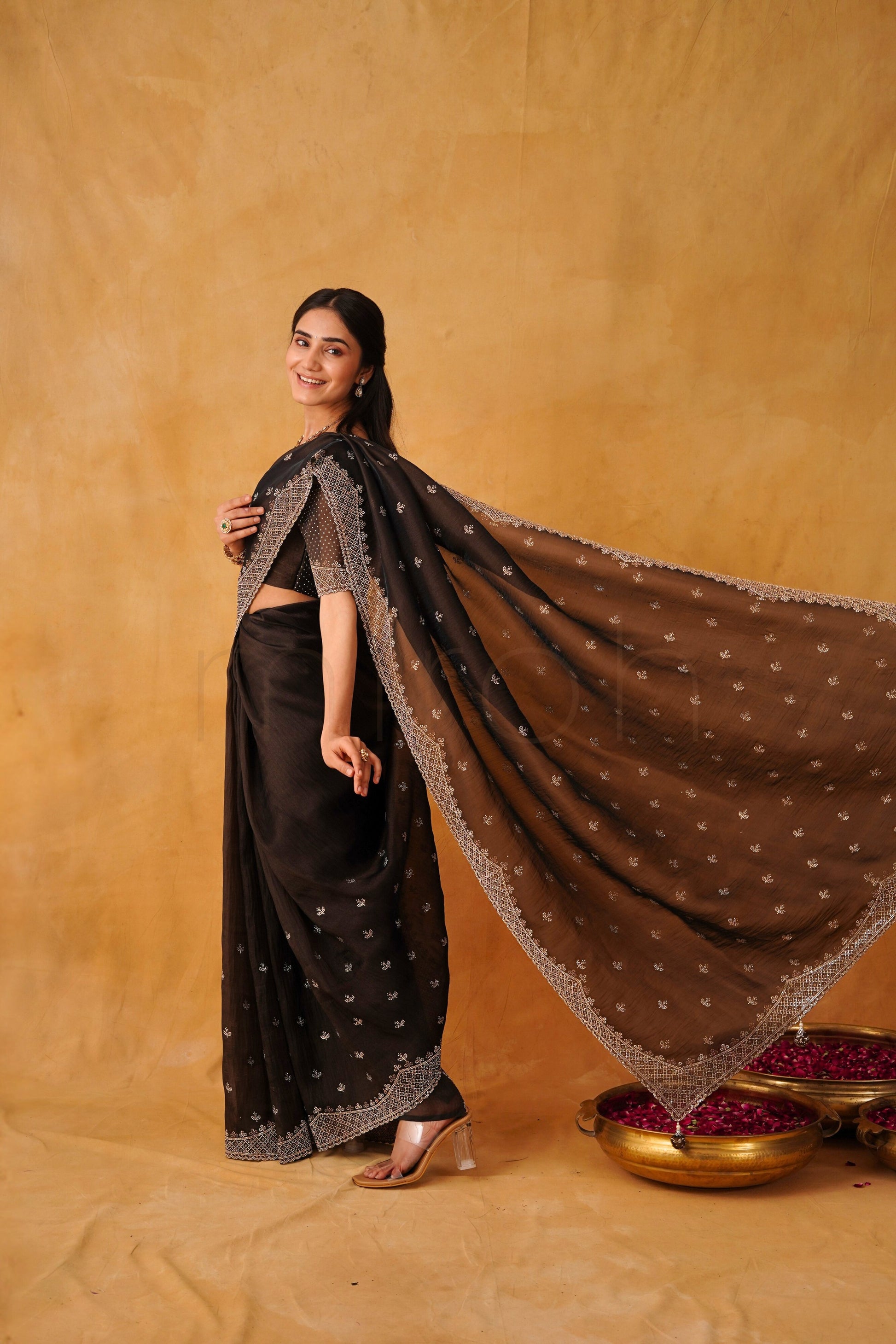 Coffee Luxe Organza Saree with Micro-Stone Embellished Border