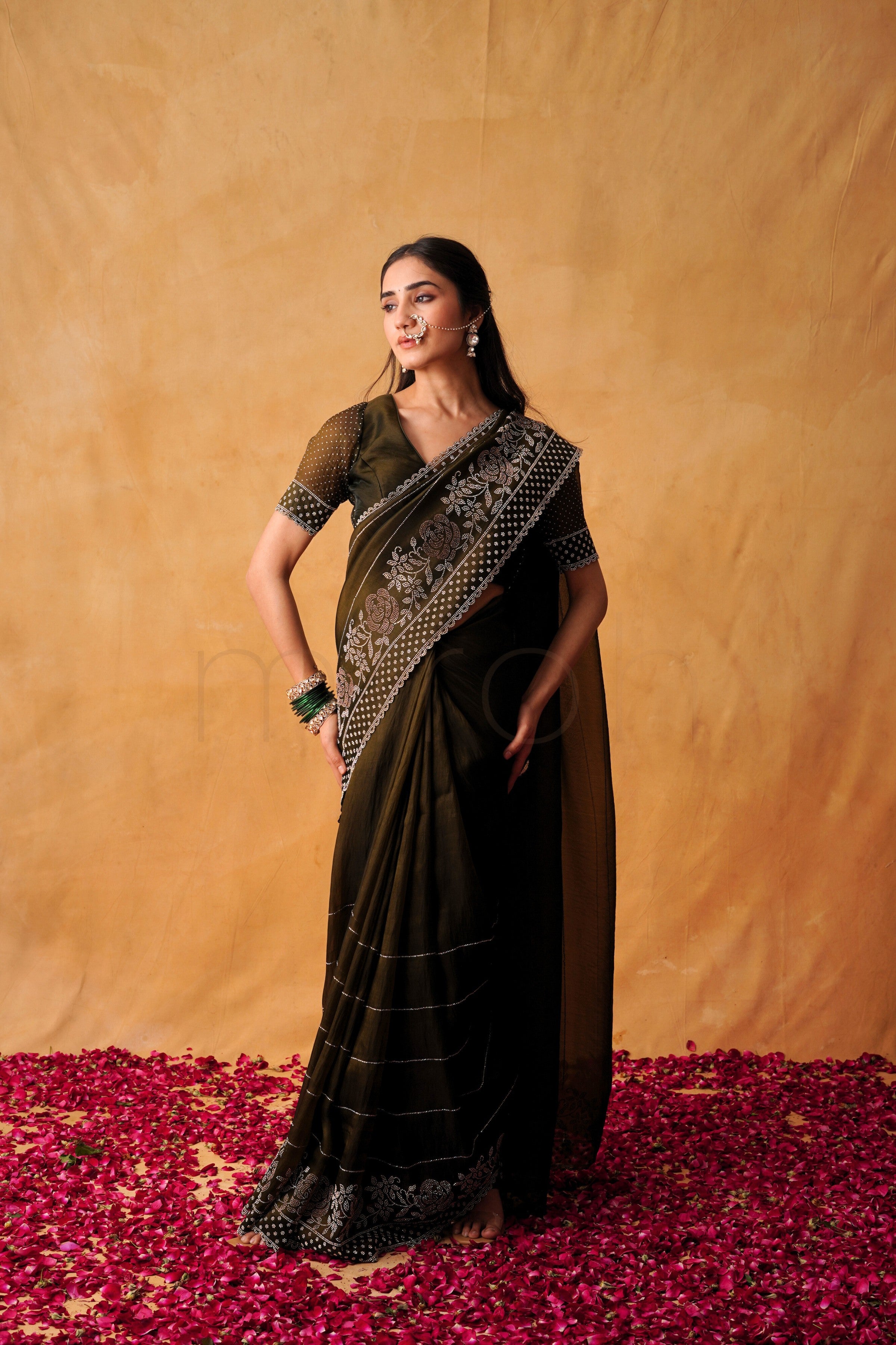 Mehndi Glow Organza Saree with Hand-Embellished Border