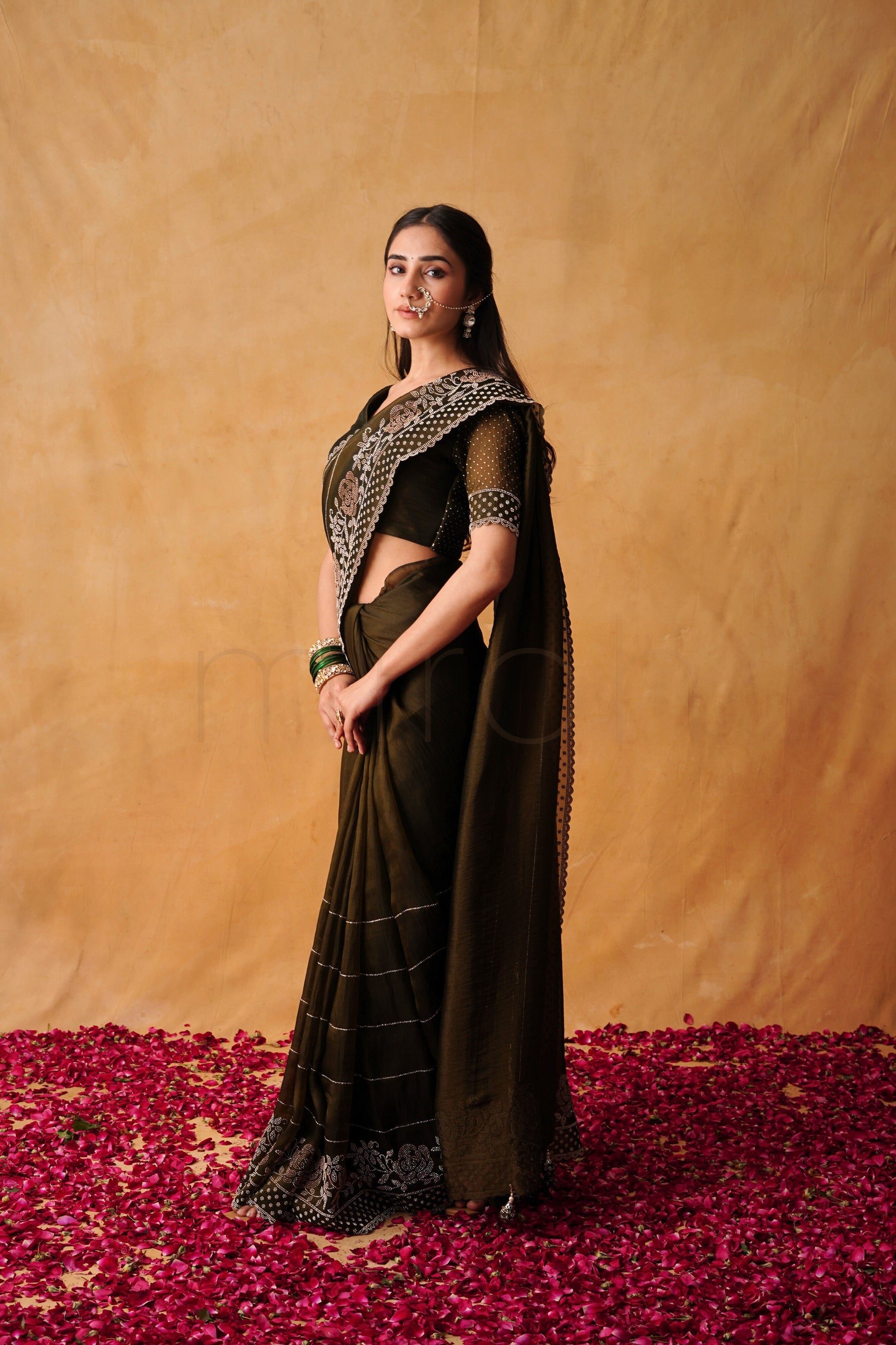 Mehndi Glow Organza Saree with Hand-Embellished Border