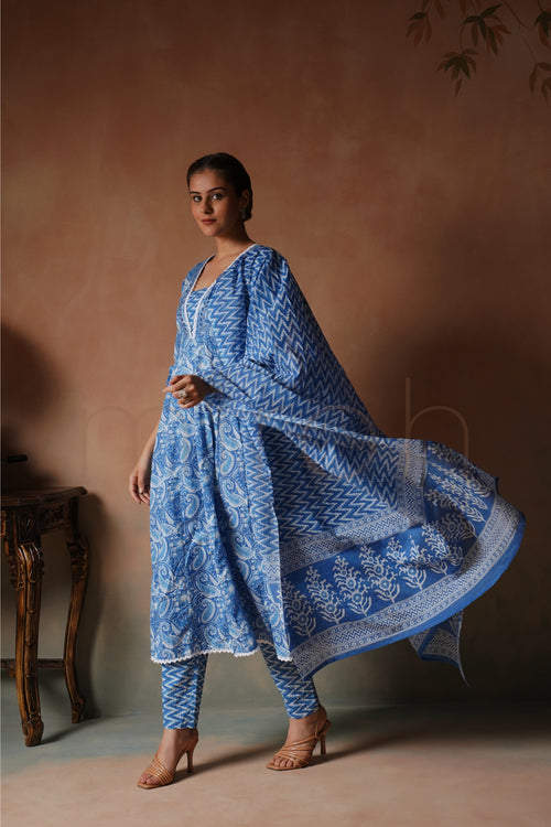 Azure Blue Printed Anarkali Set