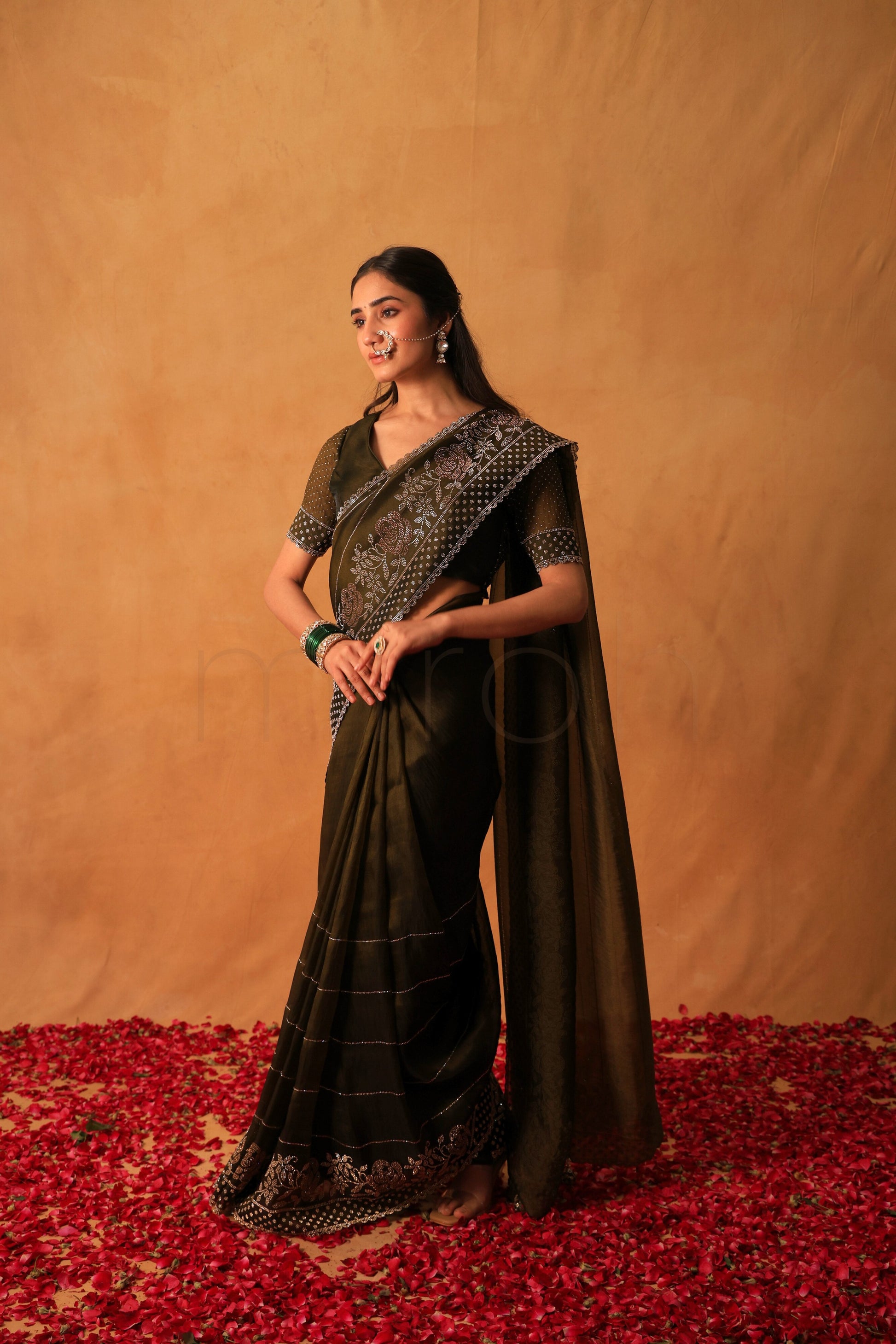 Mehndi Glow Organza Saree with Hand-Embellished Border