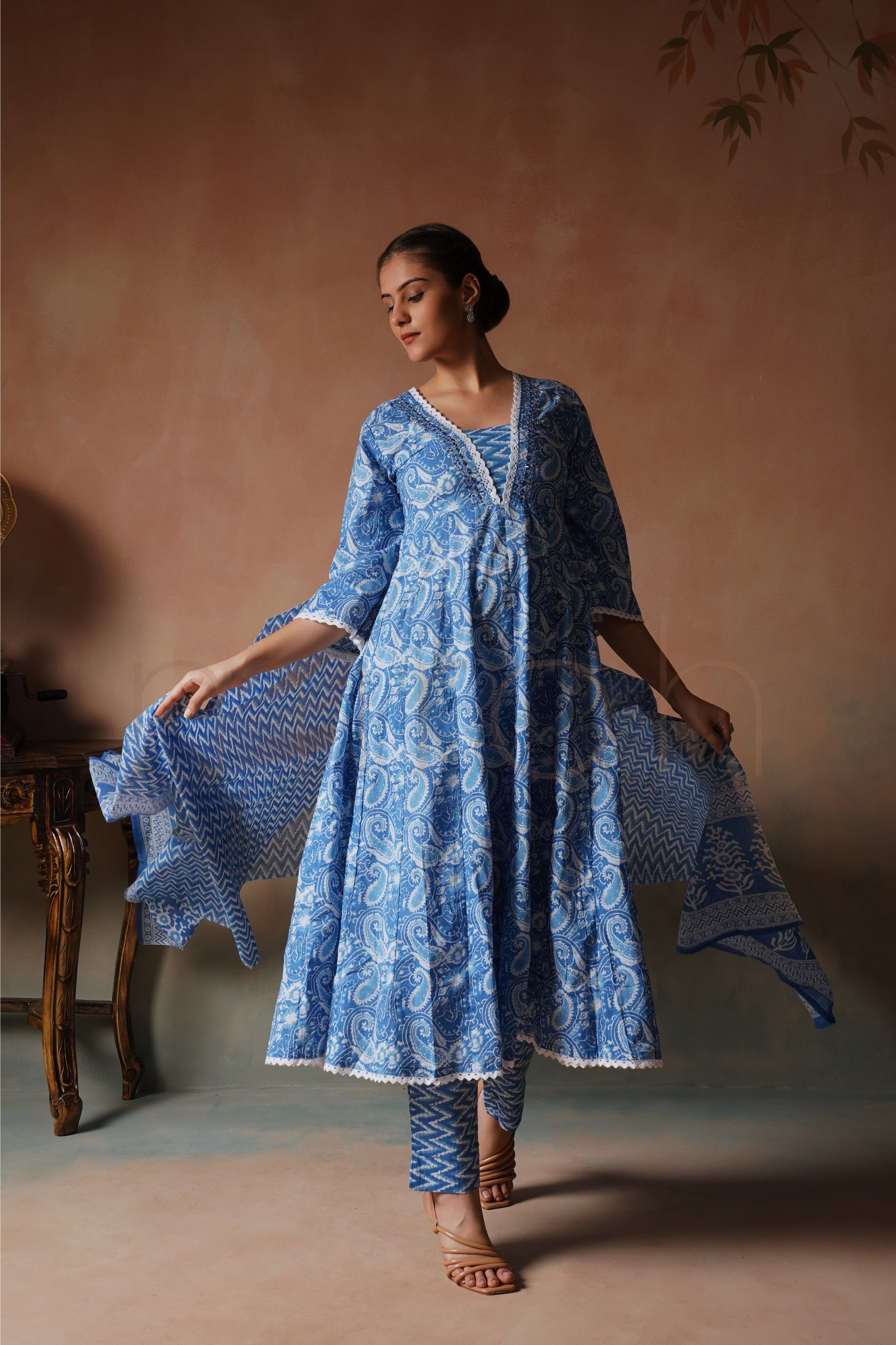 Azure Blue Printed Anarkali Set