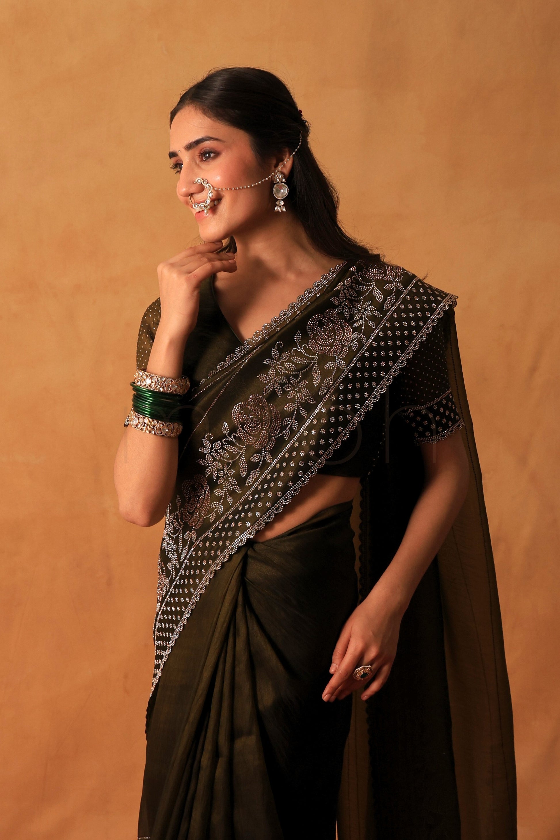 Mehndi Glow Organza Saree with Hand-Embellished Border