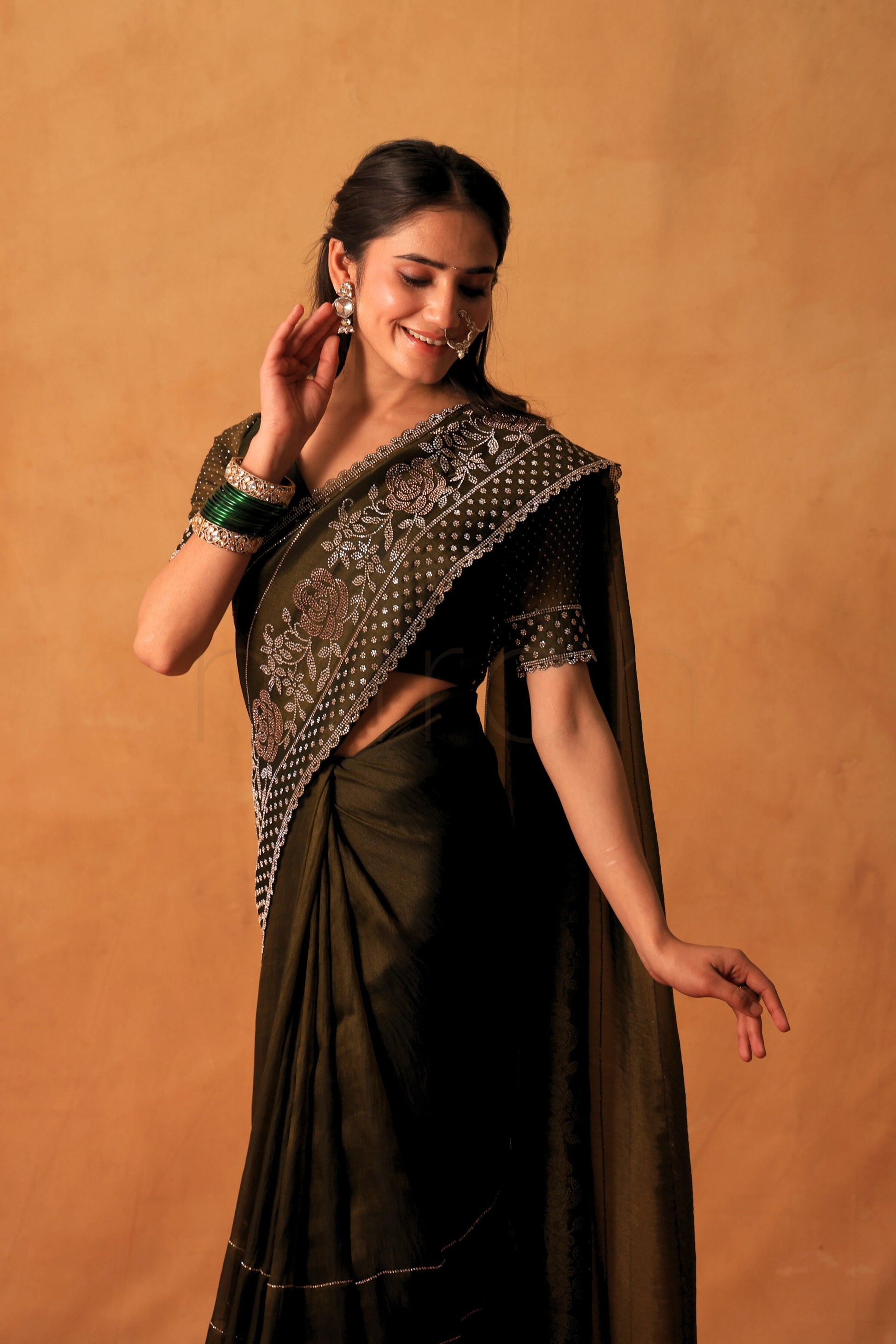 Mehndi Glow Organza Saree with Hand-Embellished Border