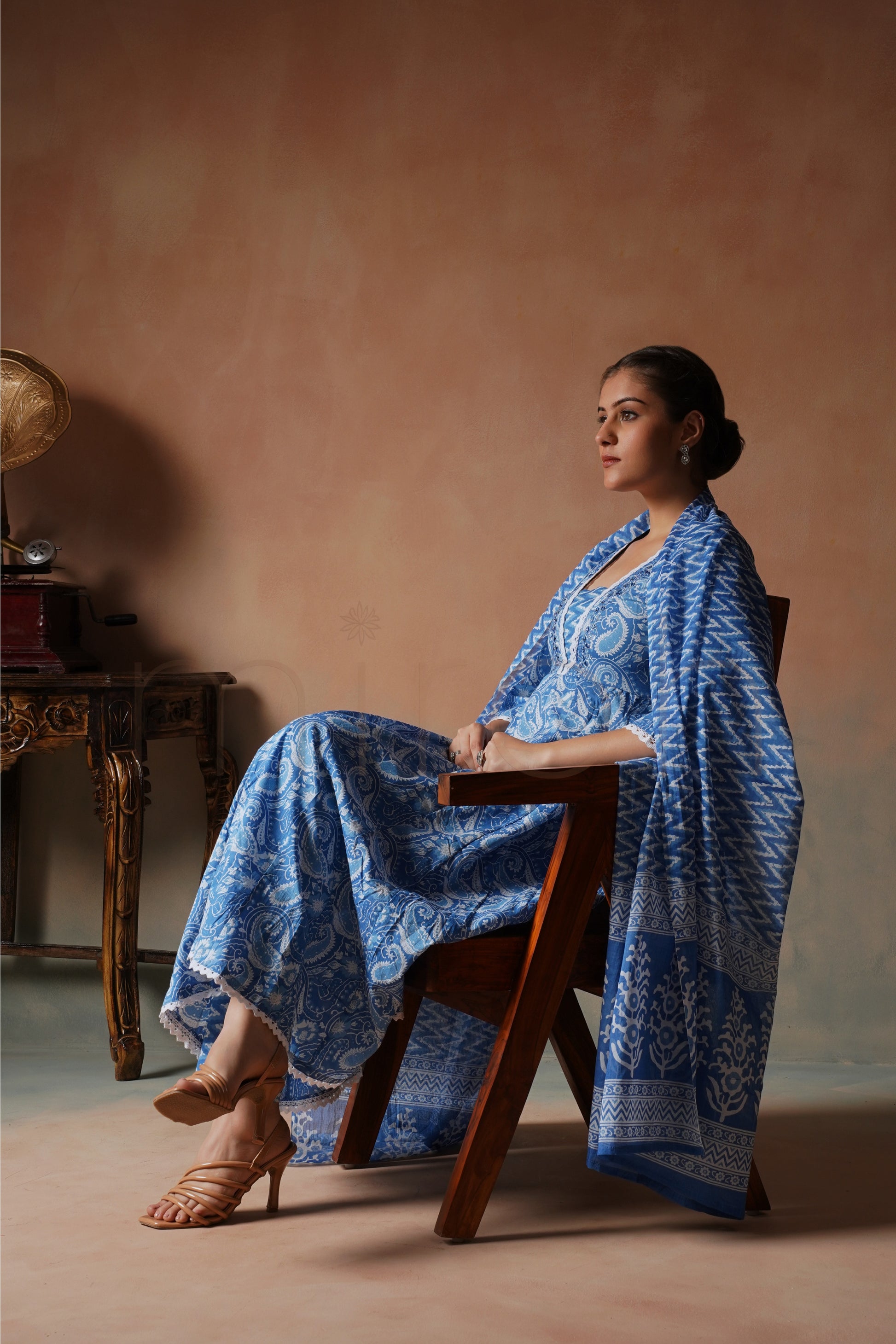 Azure Blue Printed Anarkali Set