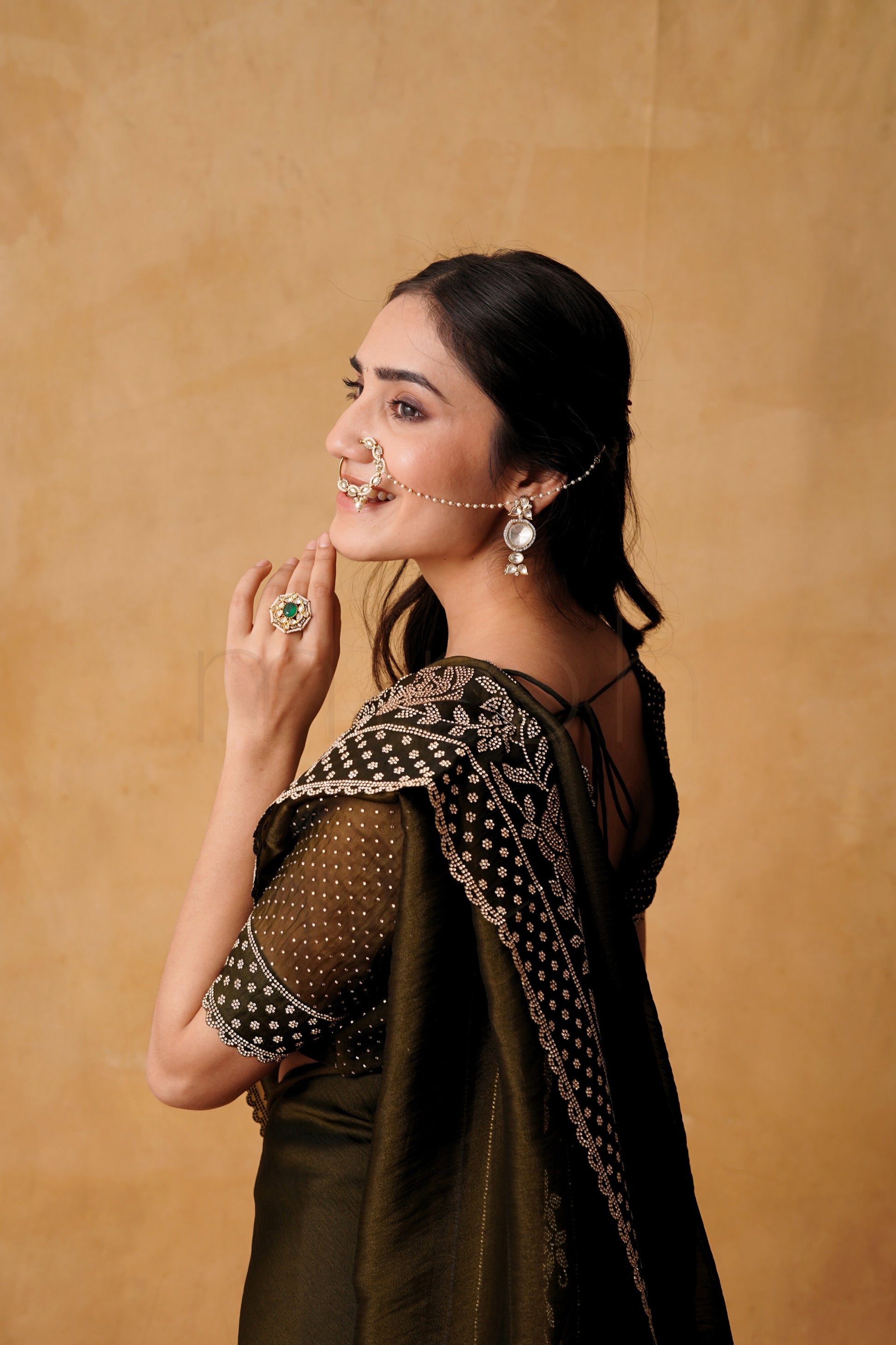 Mehndi Glow Organza Saree with Hand-Embellished Border