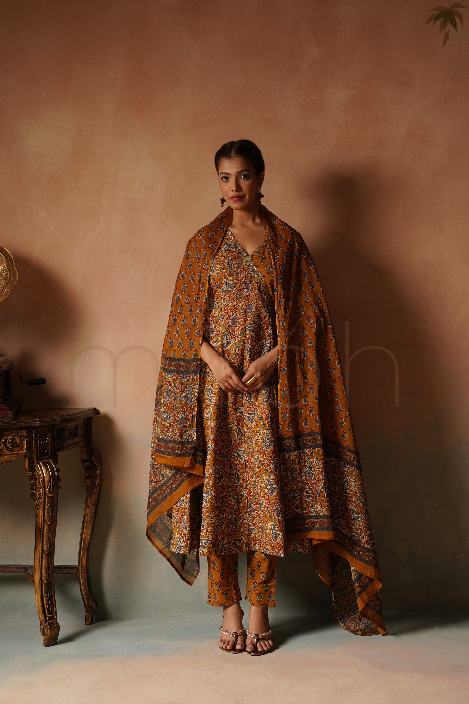Mustard Printed Angrakha Anarkali Set