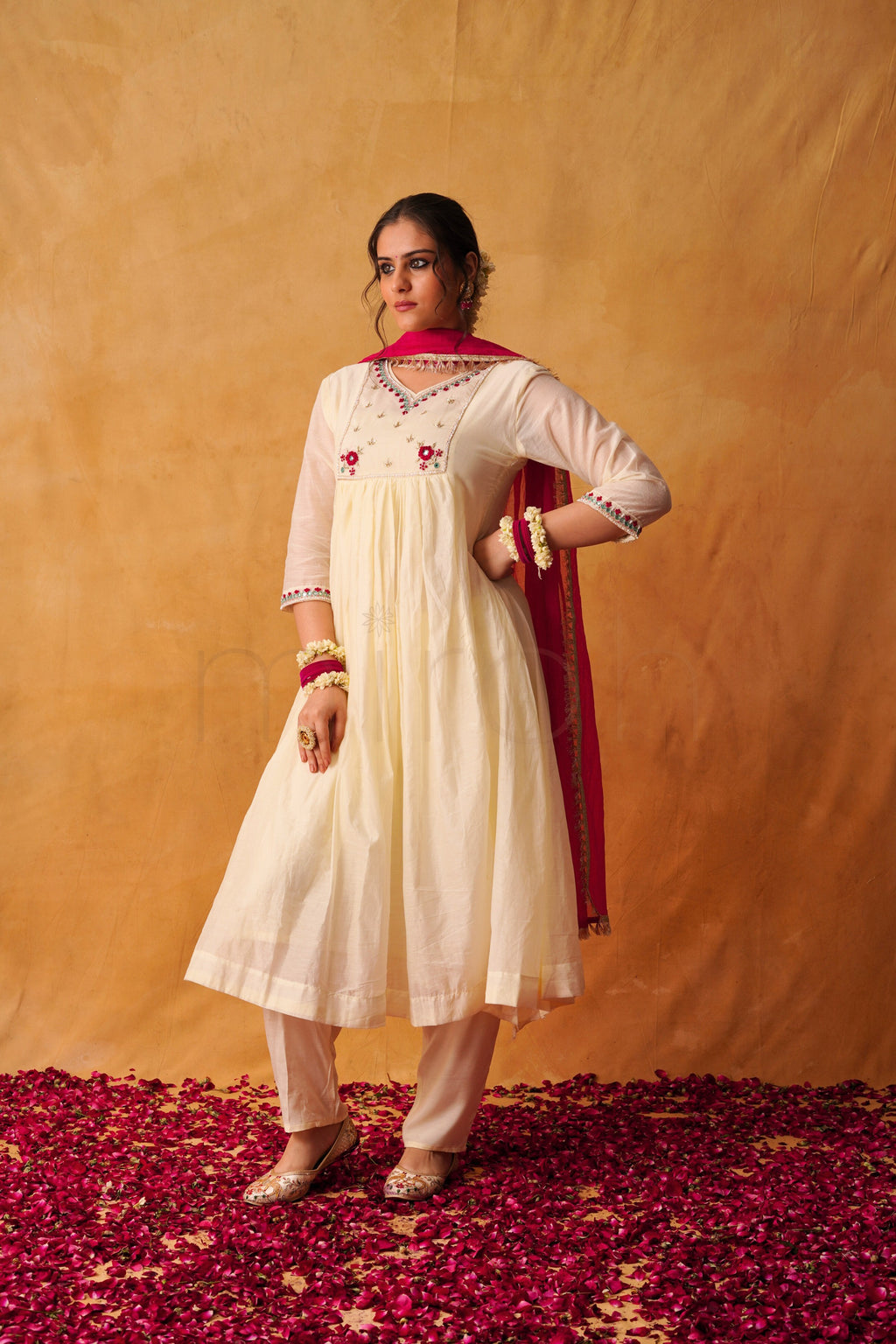 Ivory Mul Chanderi Suit with Rani Pink Dupatta