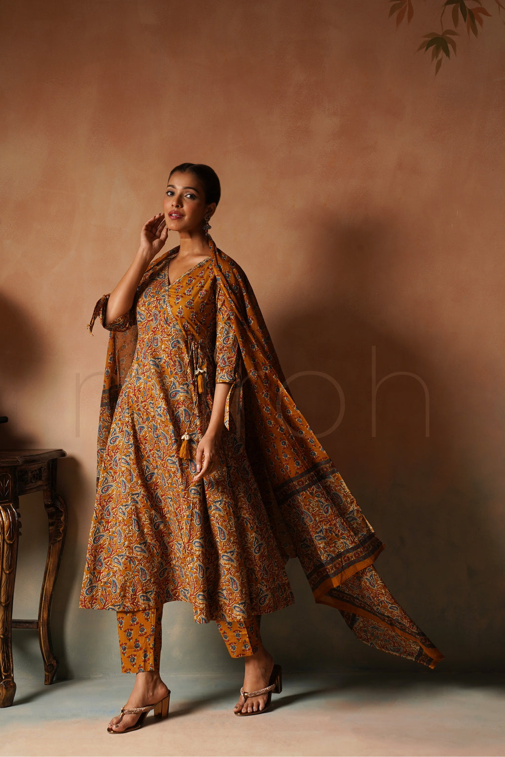 Mustard Printed Angrakha Anarkali Set