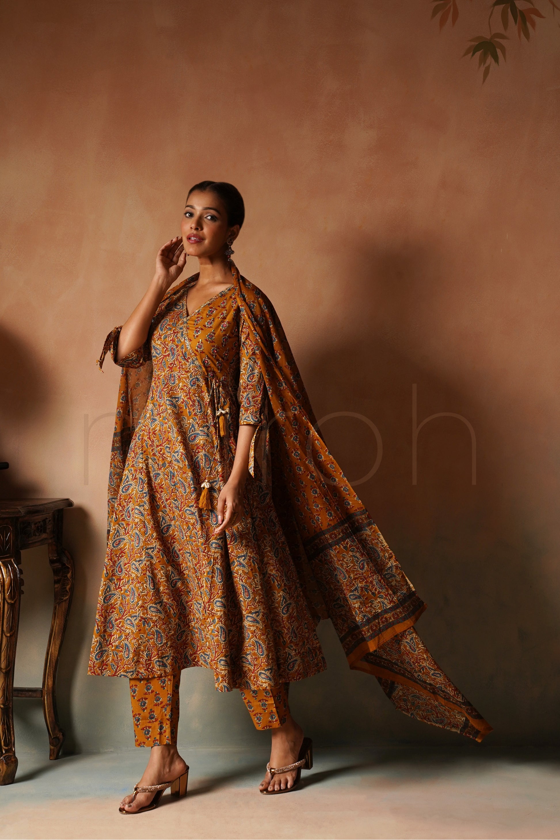 Mustard Printed Angrakha Anarkali Set