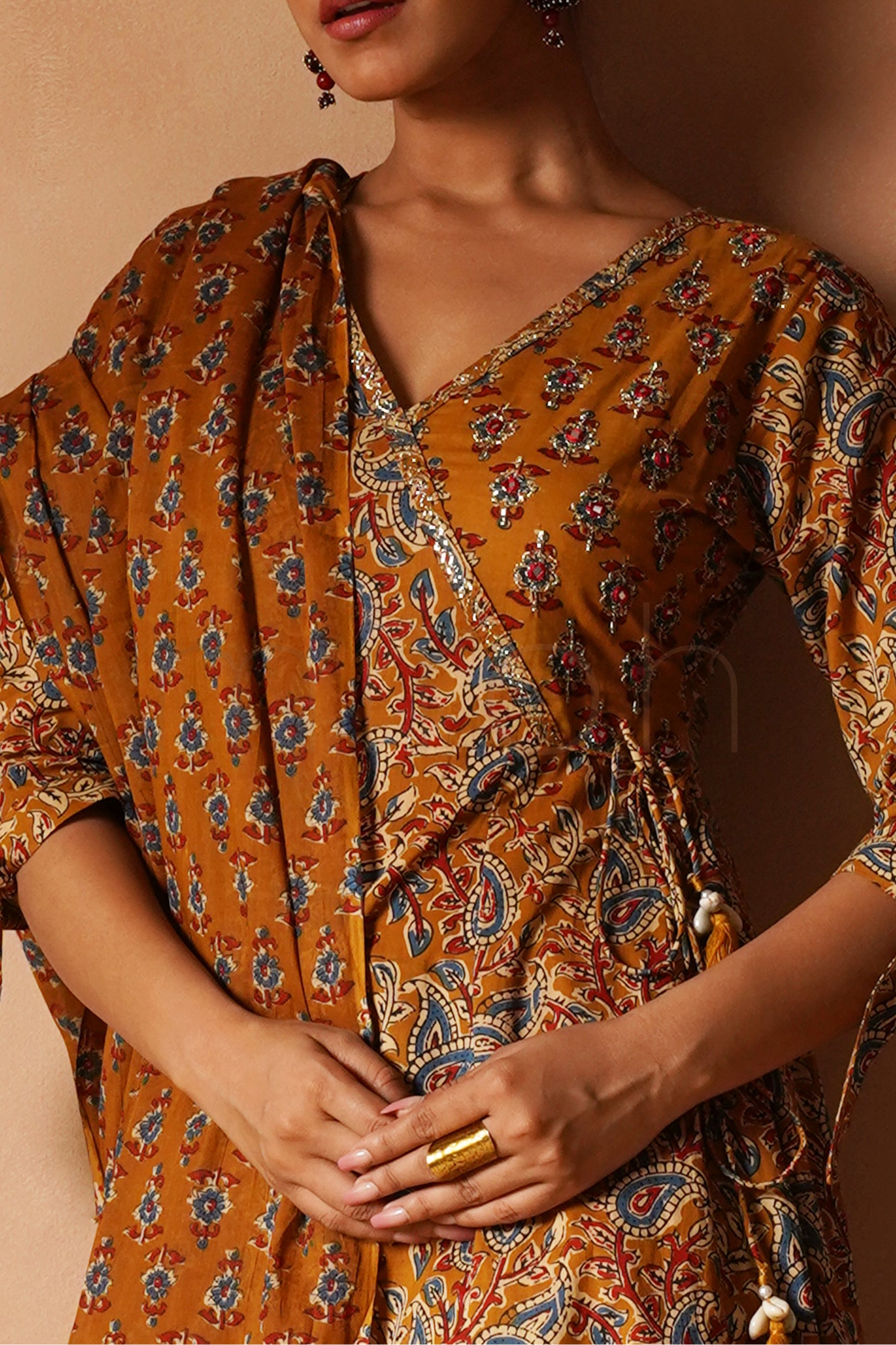 Mustard Printed Angrakha Anarkali Set