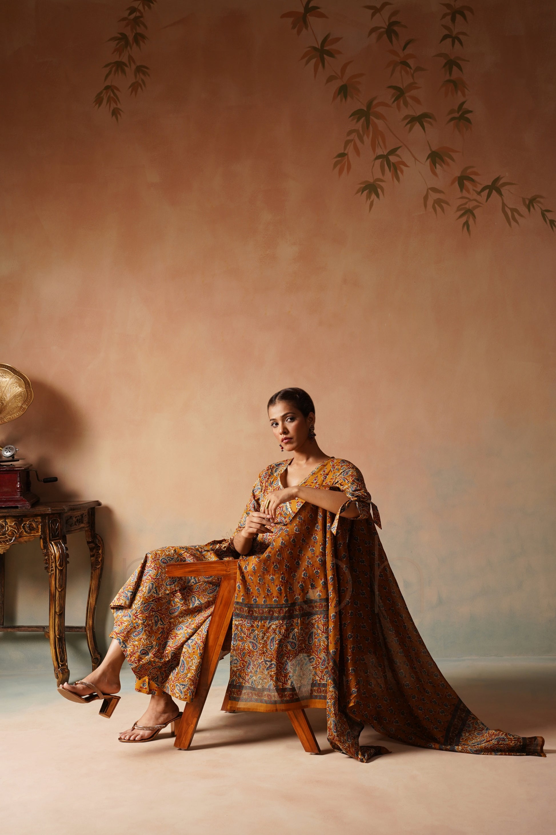 Mustard Printed Angrakha Anarkali Set