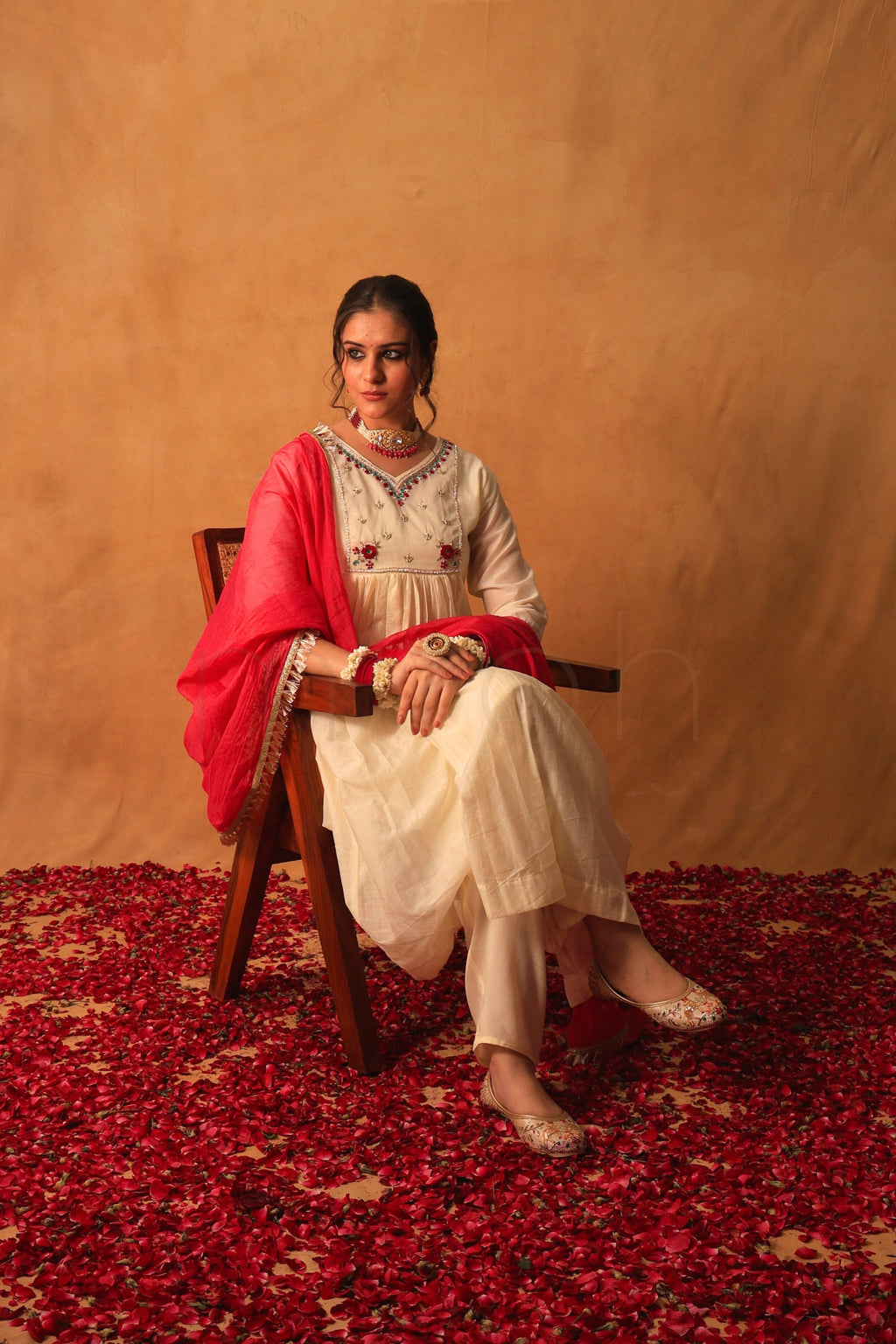 Ivory Mul Chanderi Suit with Rani Pink Dupatta