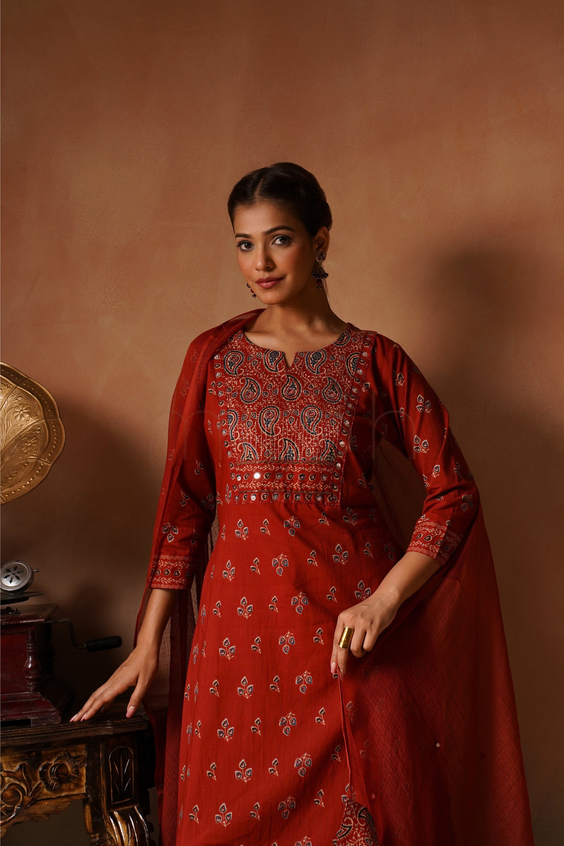 Maroon Printed Cotton Suit Set