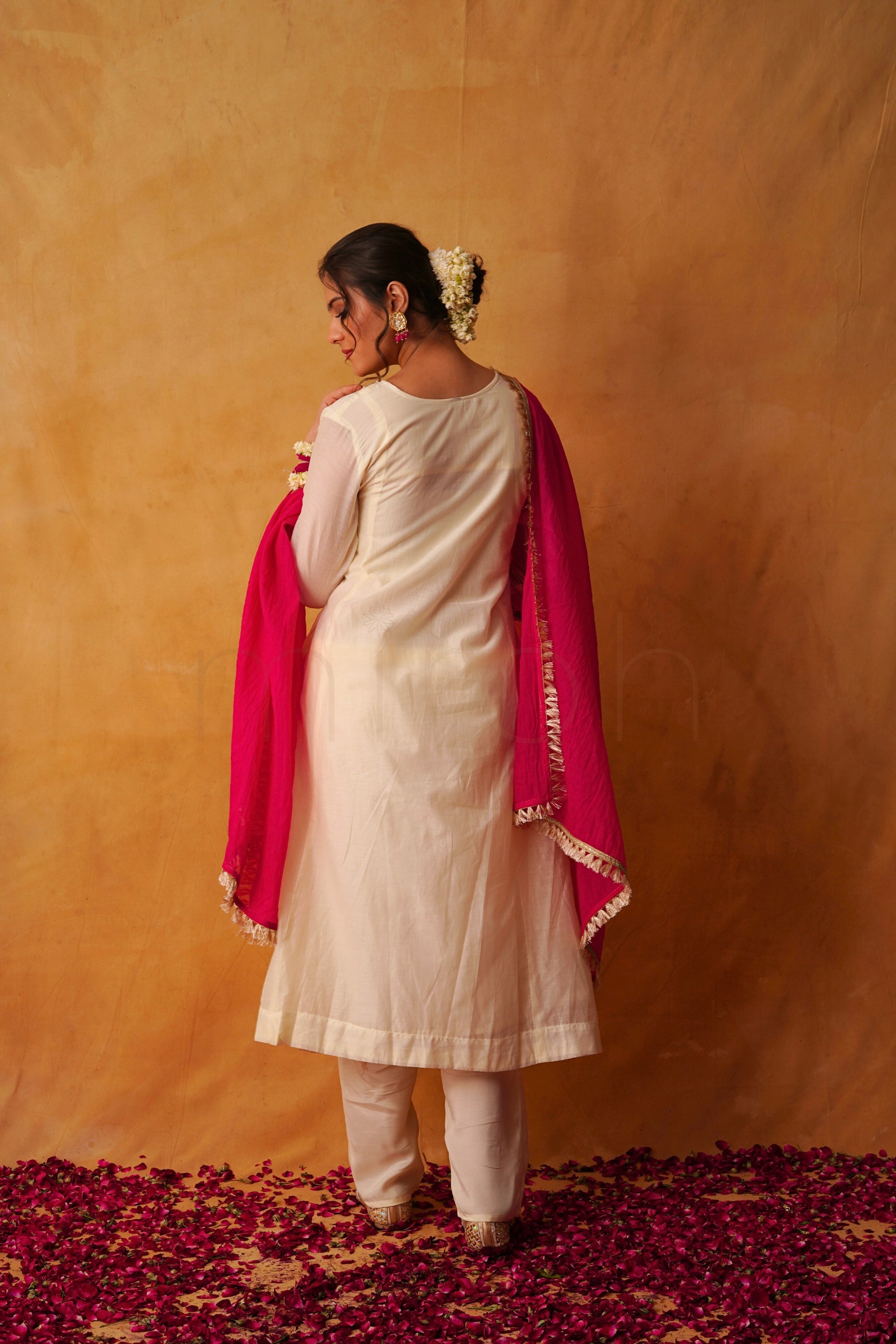 Ivory Mul Chanderi Suit with Rani Pink Dupatta