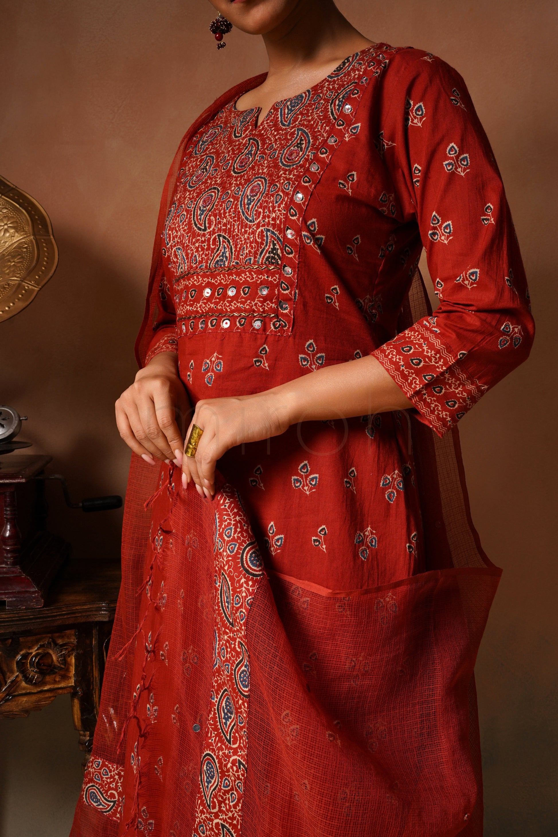 Maroon Printed Cotton Suit Set