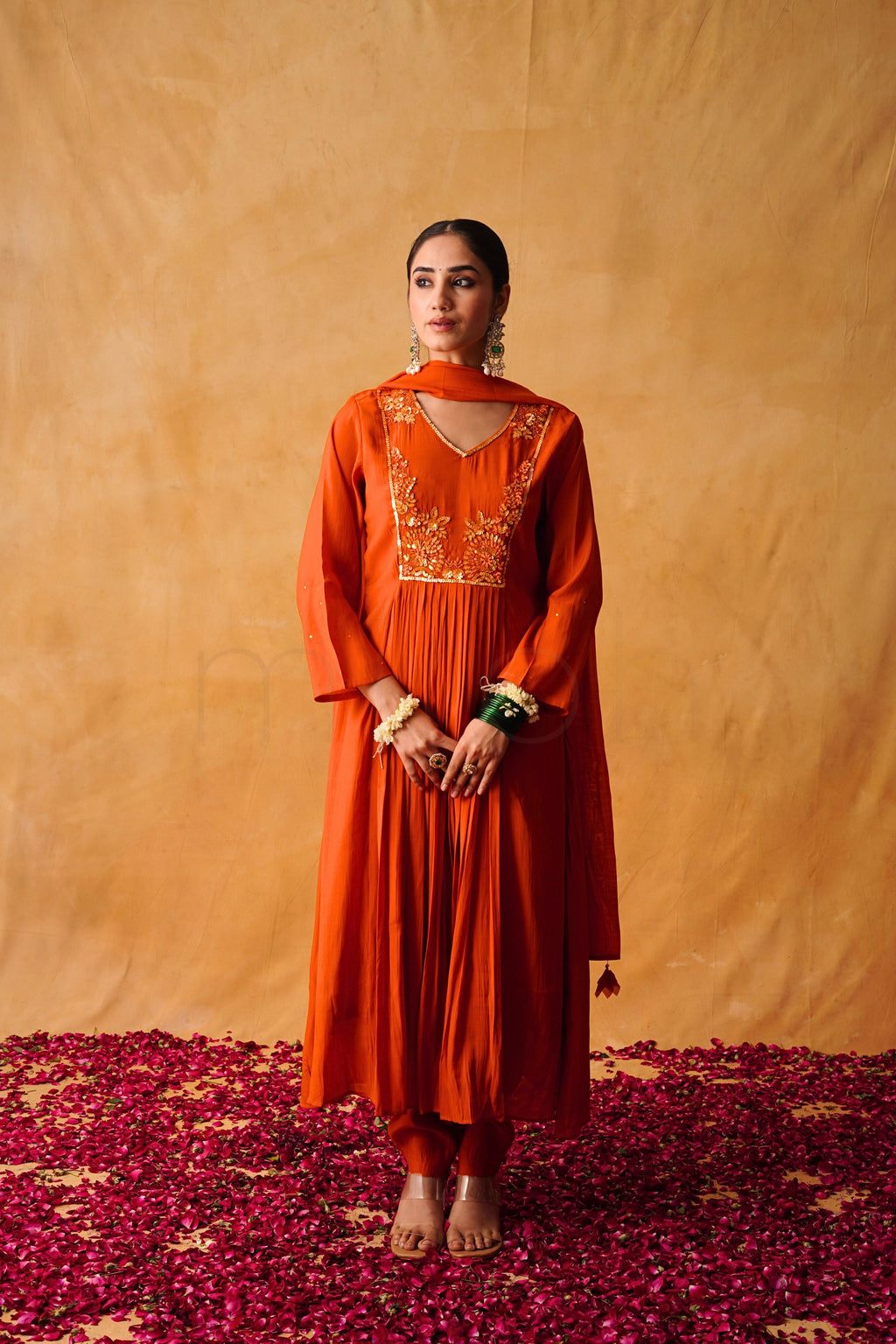 Rust Orange Glow Mul Chanderi Suit Set