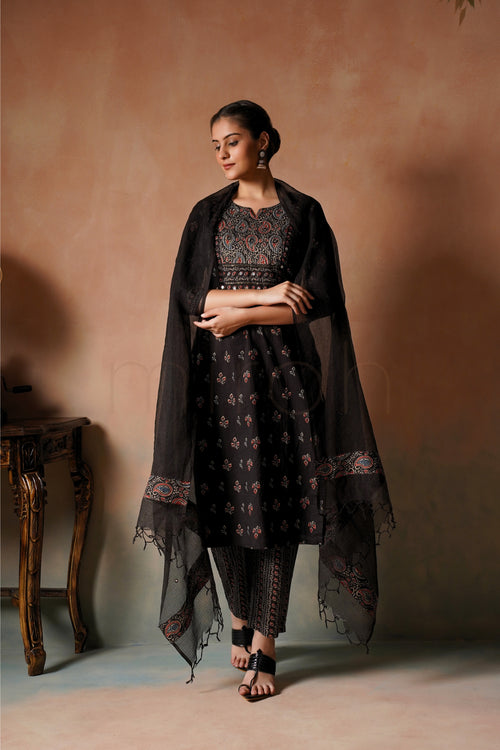 Black Printed Cotton Suit Set with Dupatta