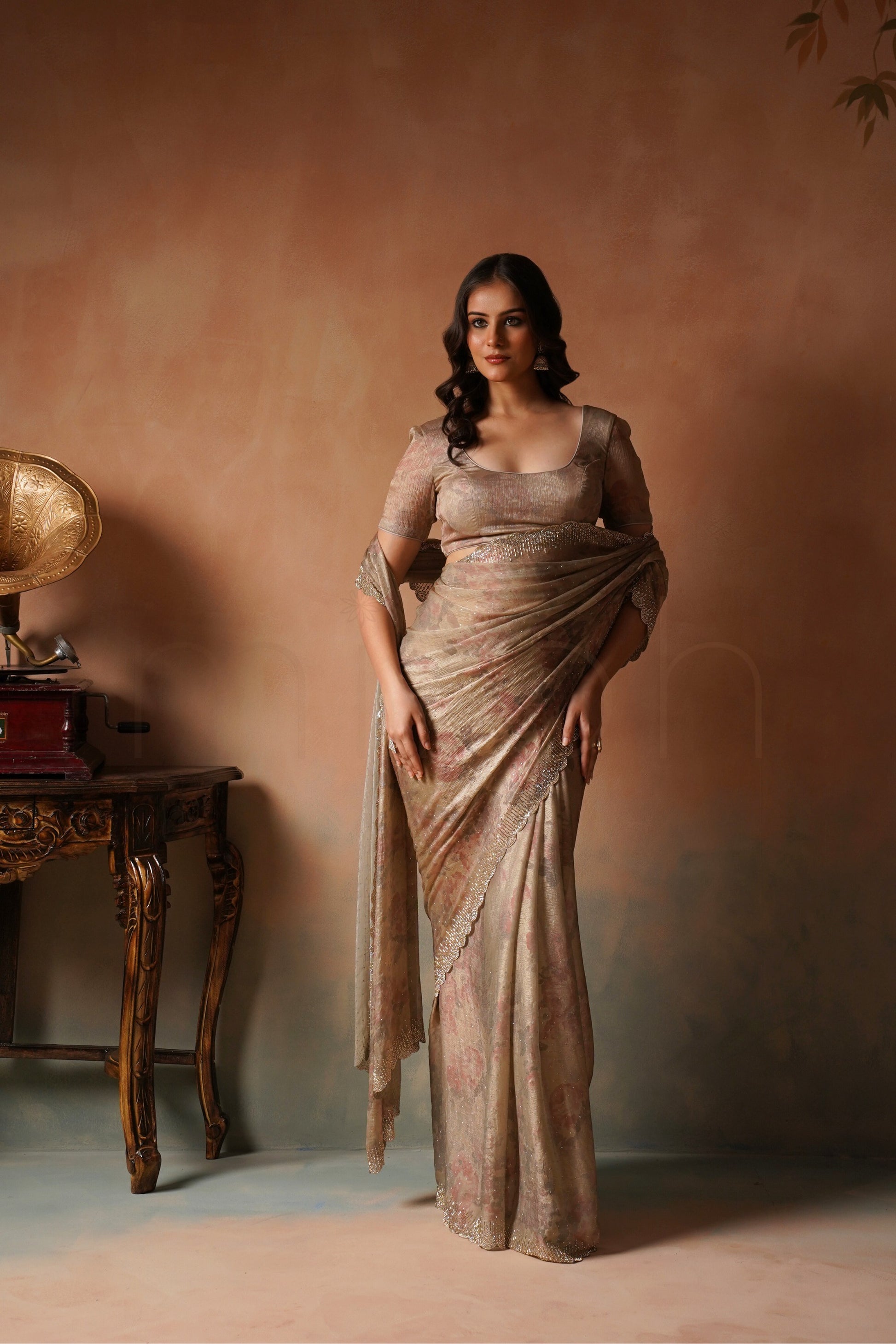 Muted Beige Bloom Floral Print Saree