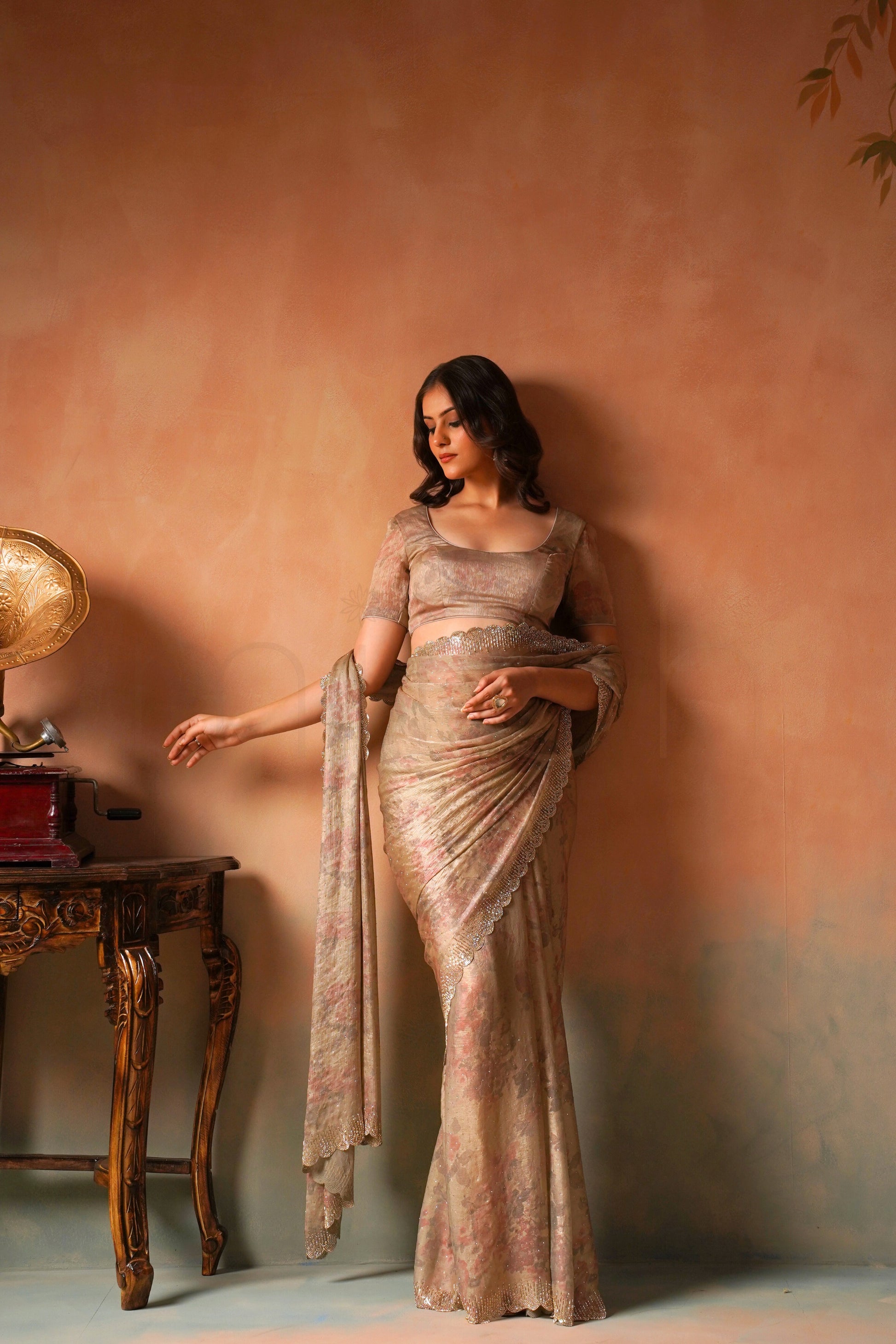 Muted Beige Bloom Floral Print Saree