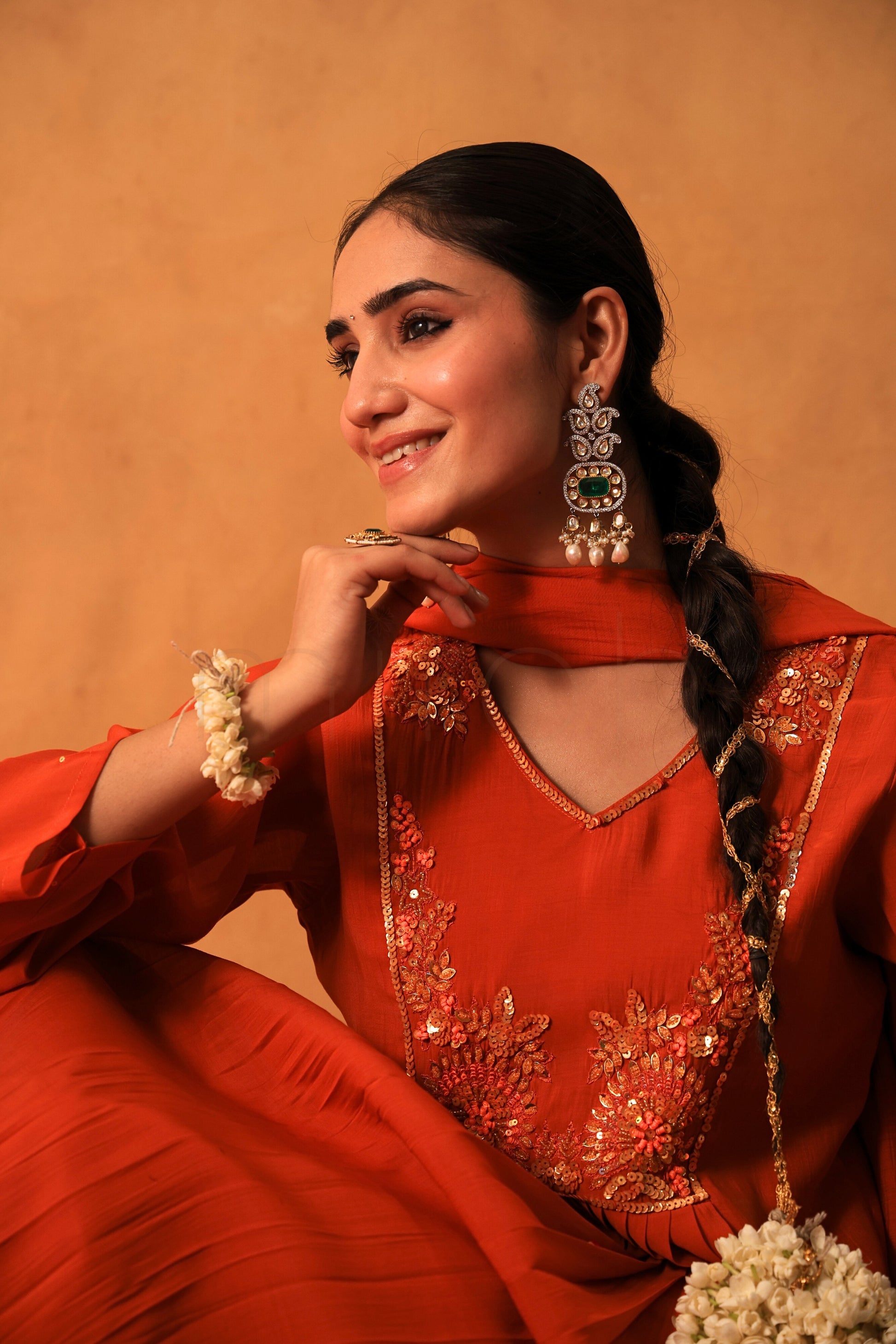 Rust Orange Glow Mul Chanderi Suit Set