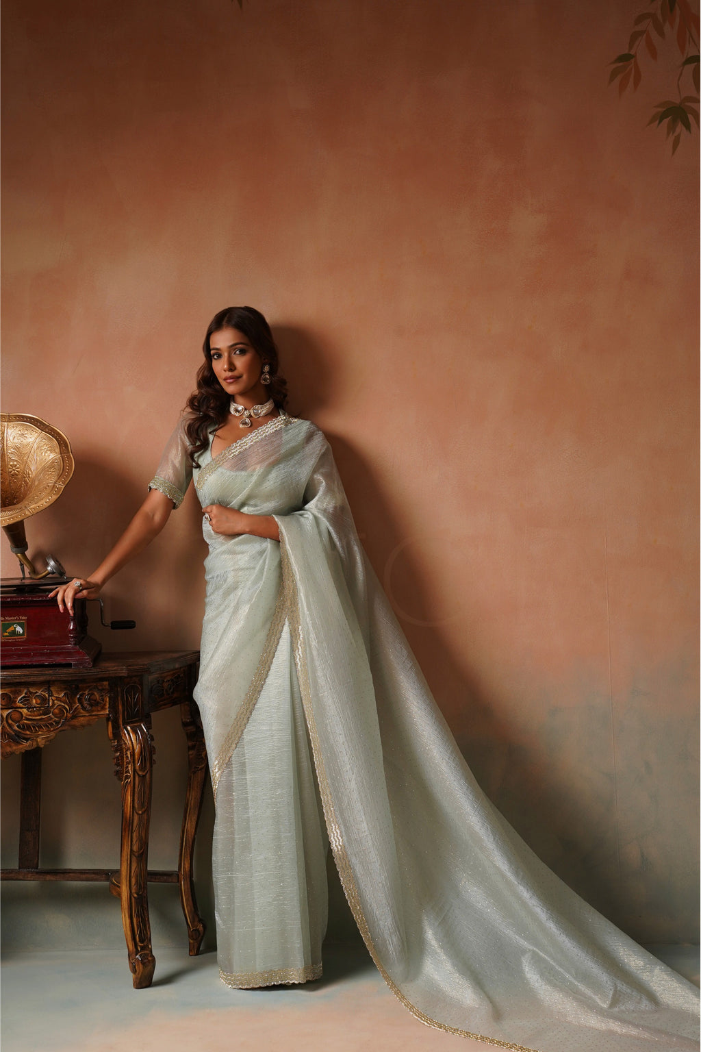 Soft Sea Green Saree With Cutdana And Beads Scallop Border