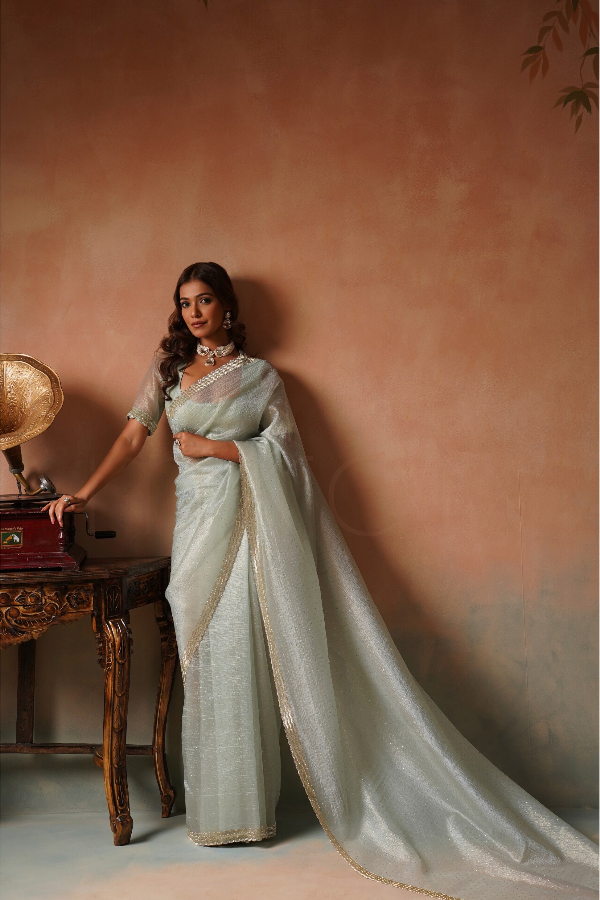 Soft Sea Green Saree With Cutdana And Beads Scallop Border