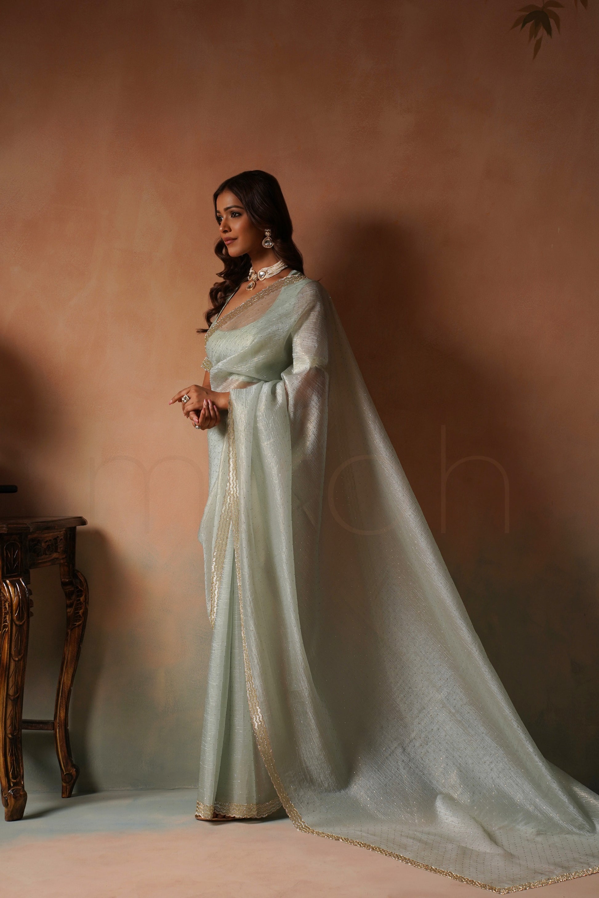 Soft Sea Green Saree With Cutdana And Beads Scallop Border