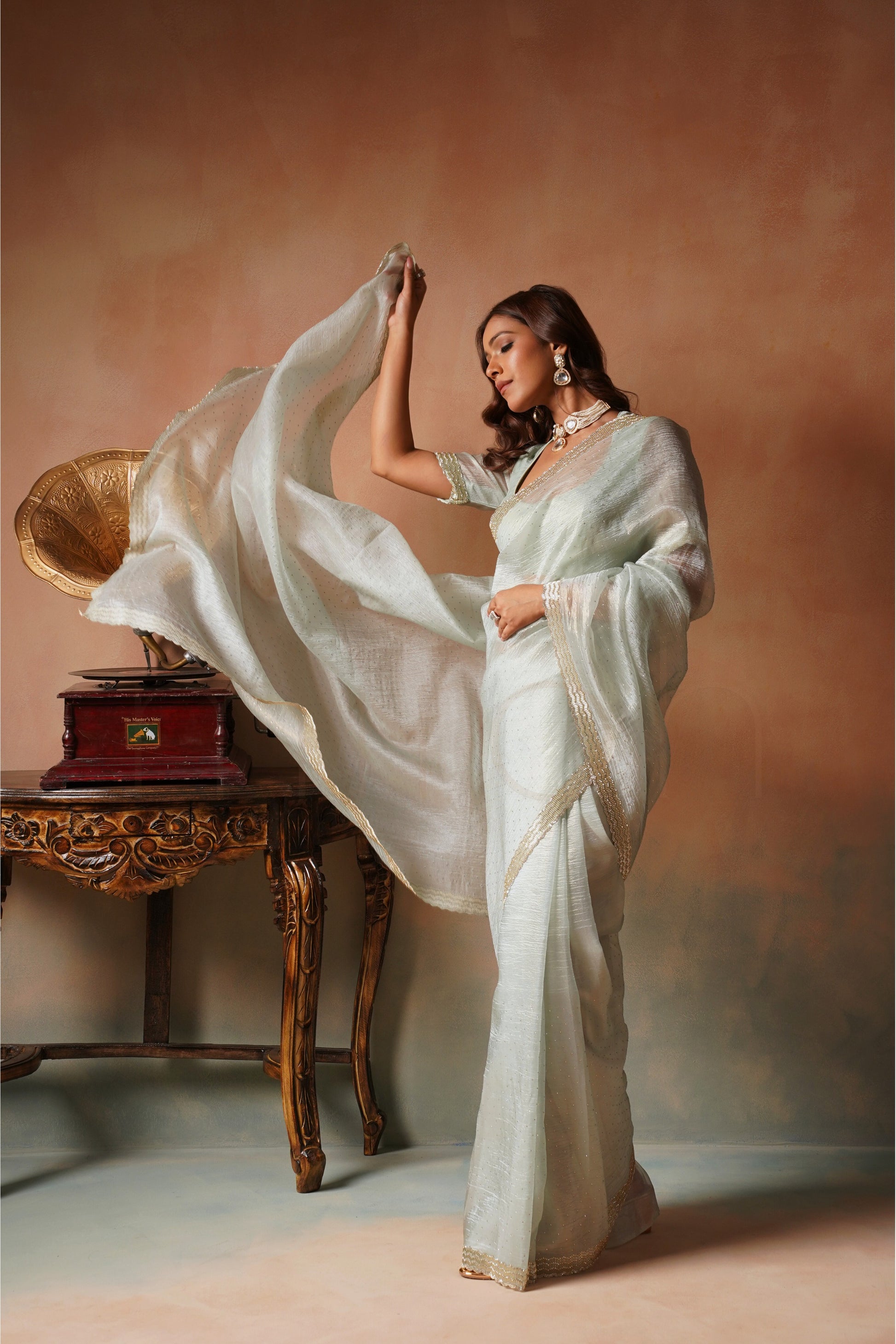 Soft Sea Green Saree With Cutdana And Beads Scallop Border