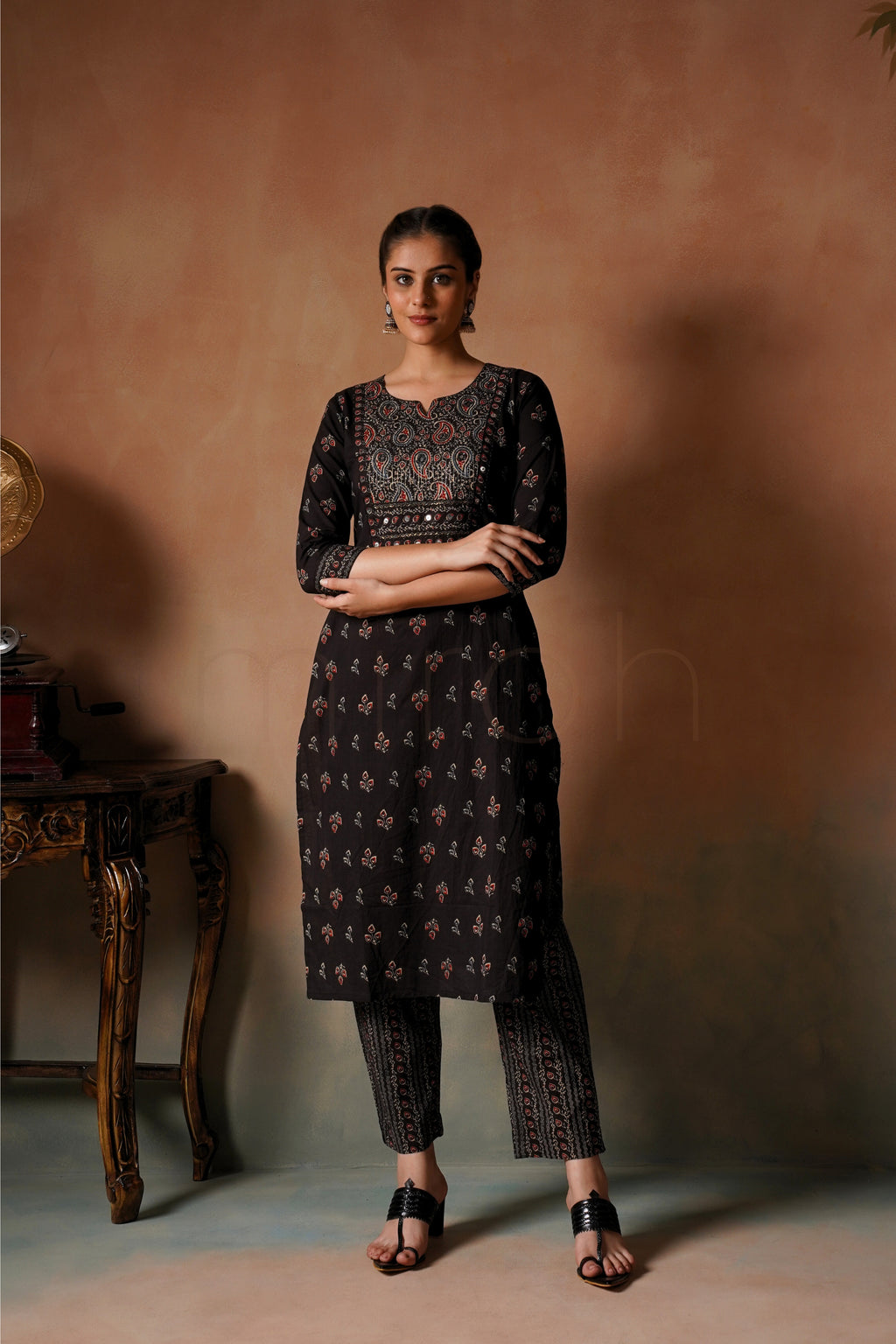 Black Printed Cotton Suit Set with Dupatta