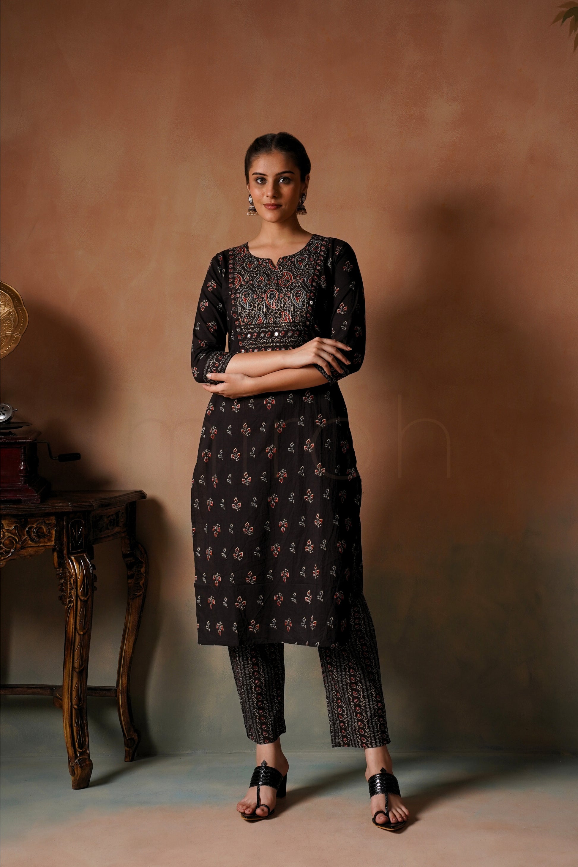 Black Printed Cotton Suit Set with Dupatta