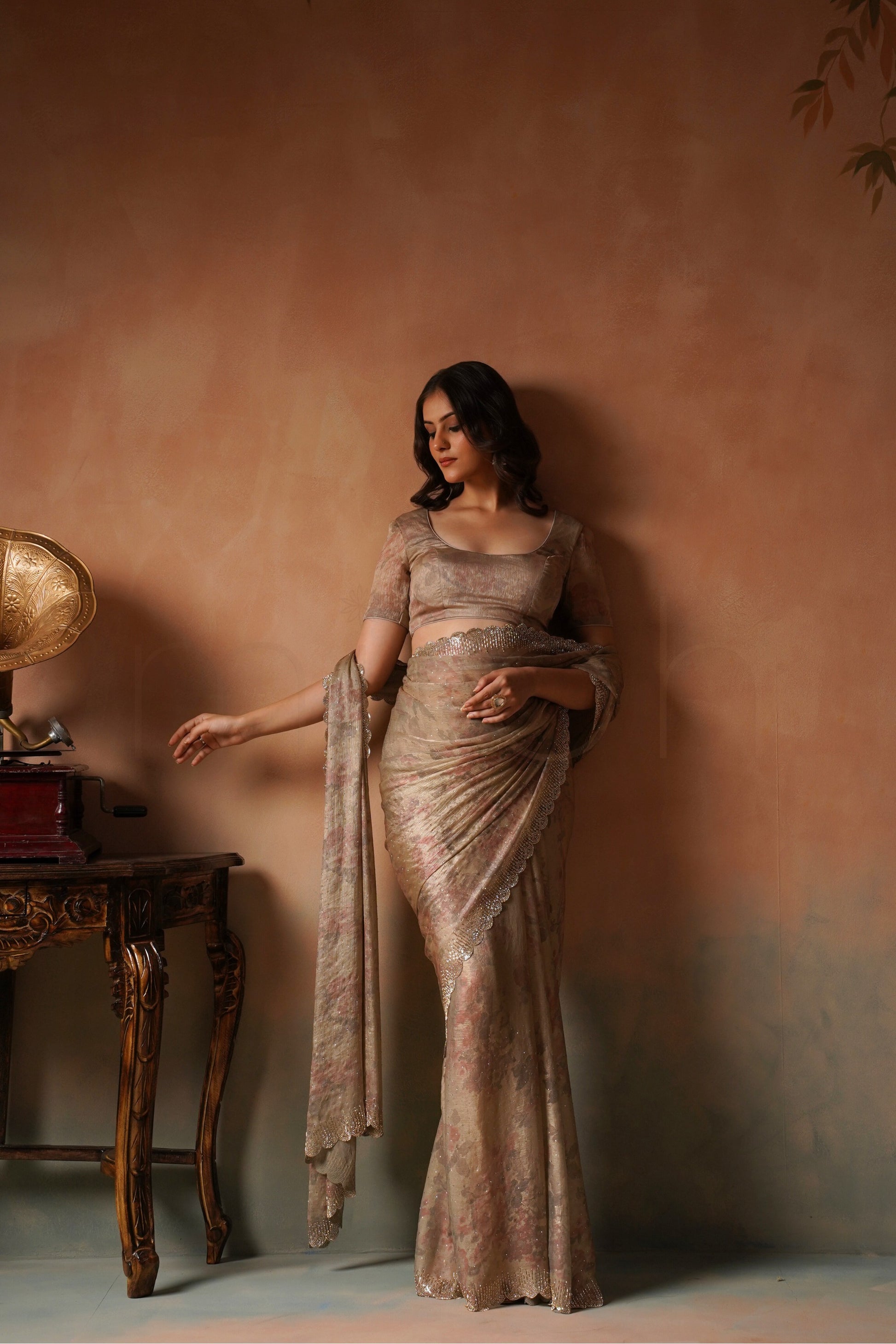 Muted Beige Bloom Floral Print Saree