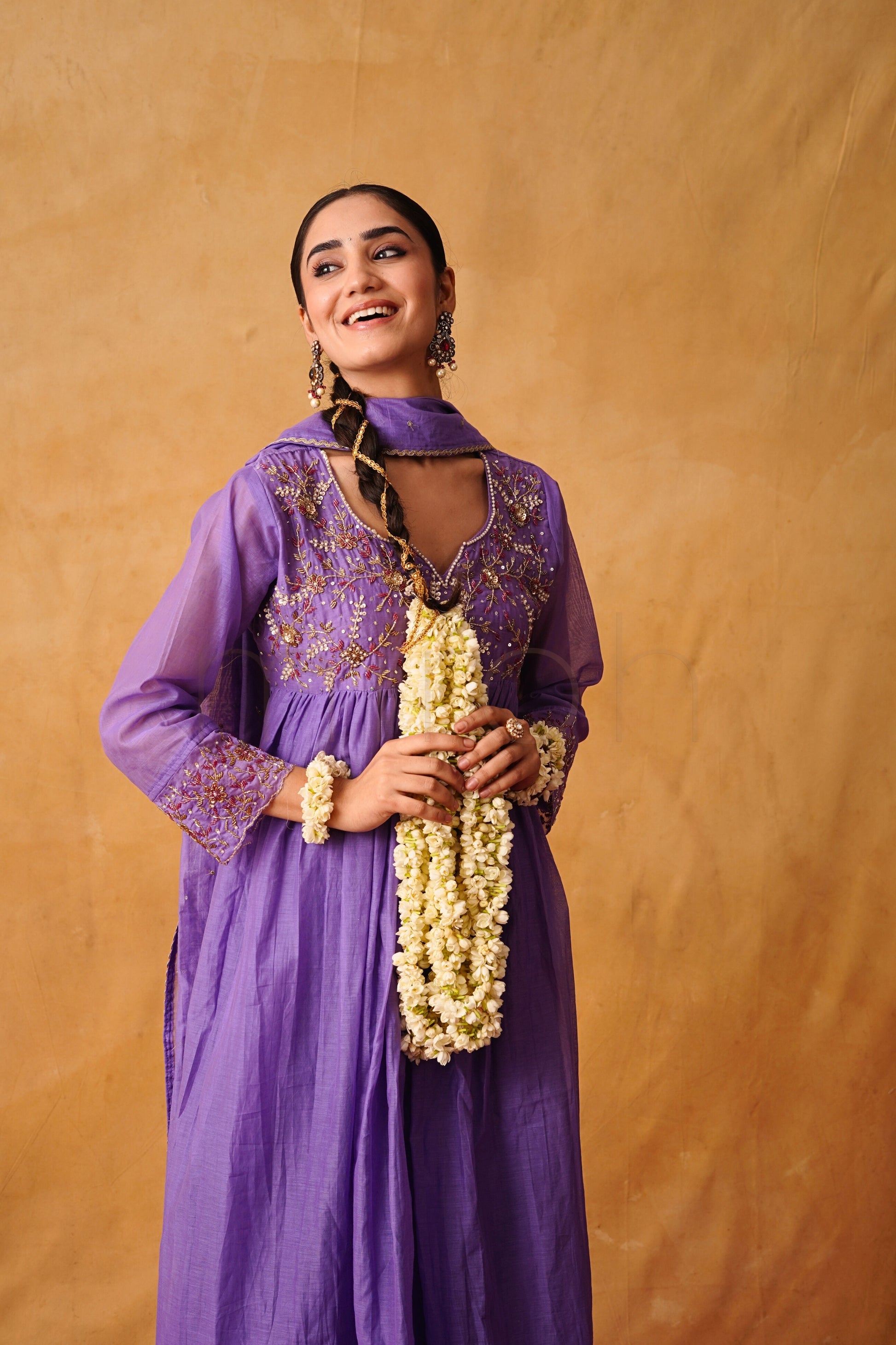 Mystic Lilac Handworked Mul Chanderi Suit Set