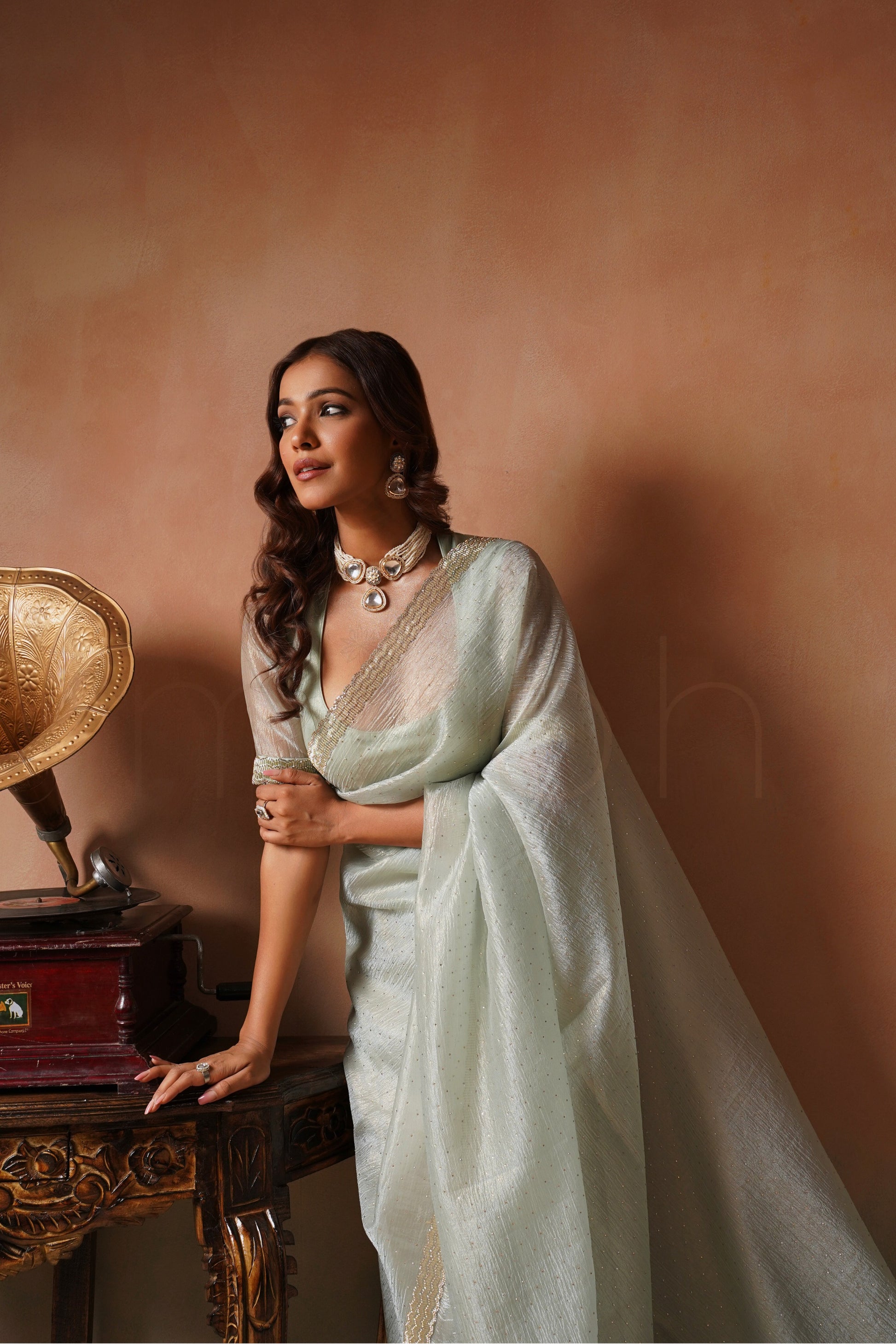Soft Sea Green Saree With Cutdana And Beads Scallop Border
