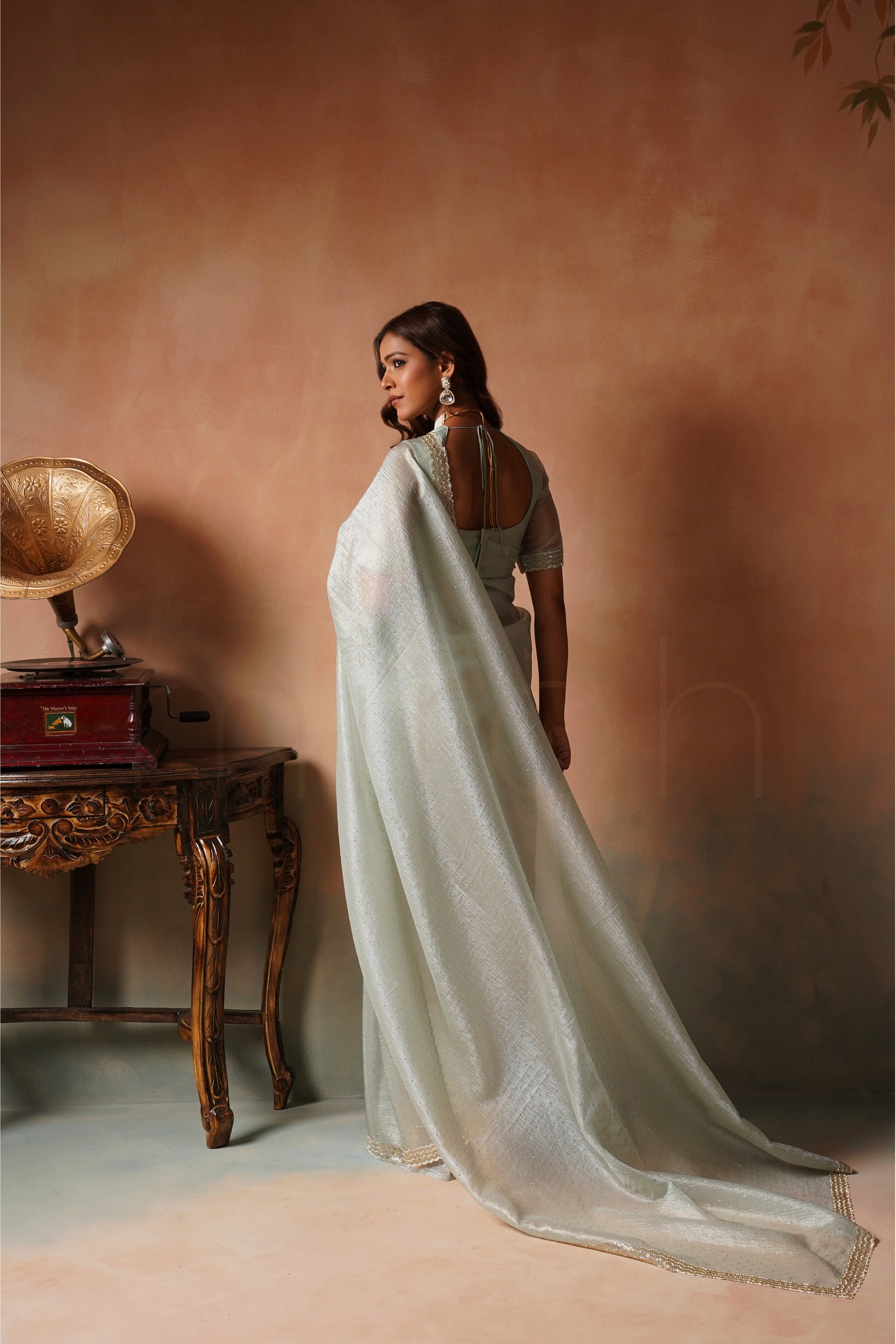 Soft Sea Green Saree With Cutdana And Beads Scallop Border
