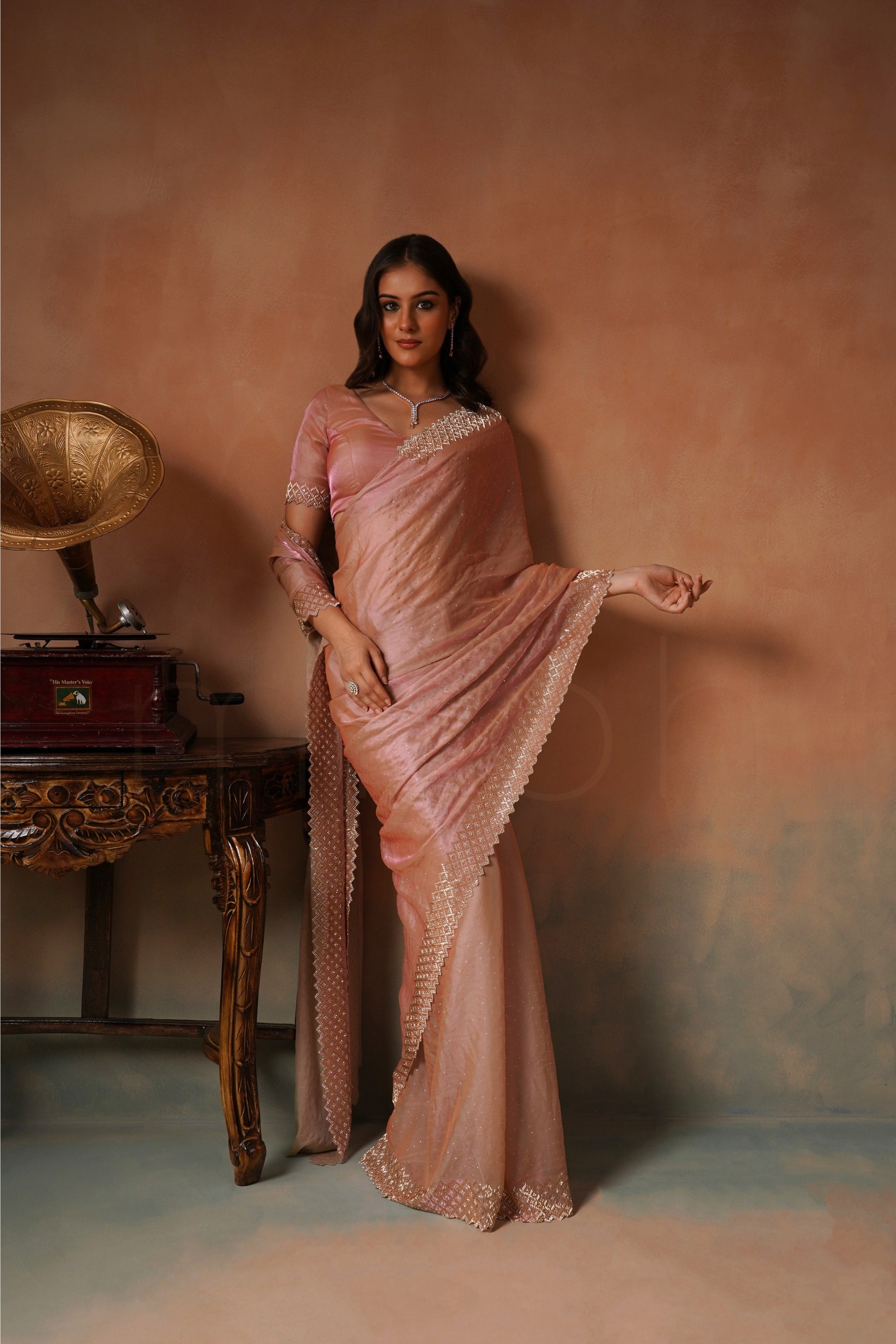 Soft Pink Fendi Silk Saree with Beaded Scallop & Stone Embellishments