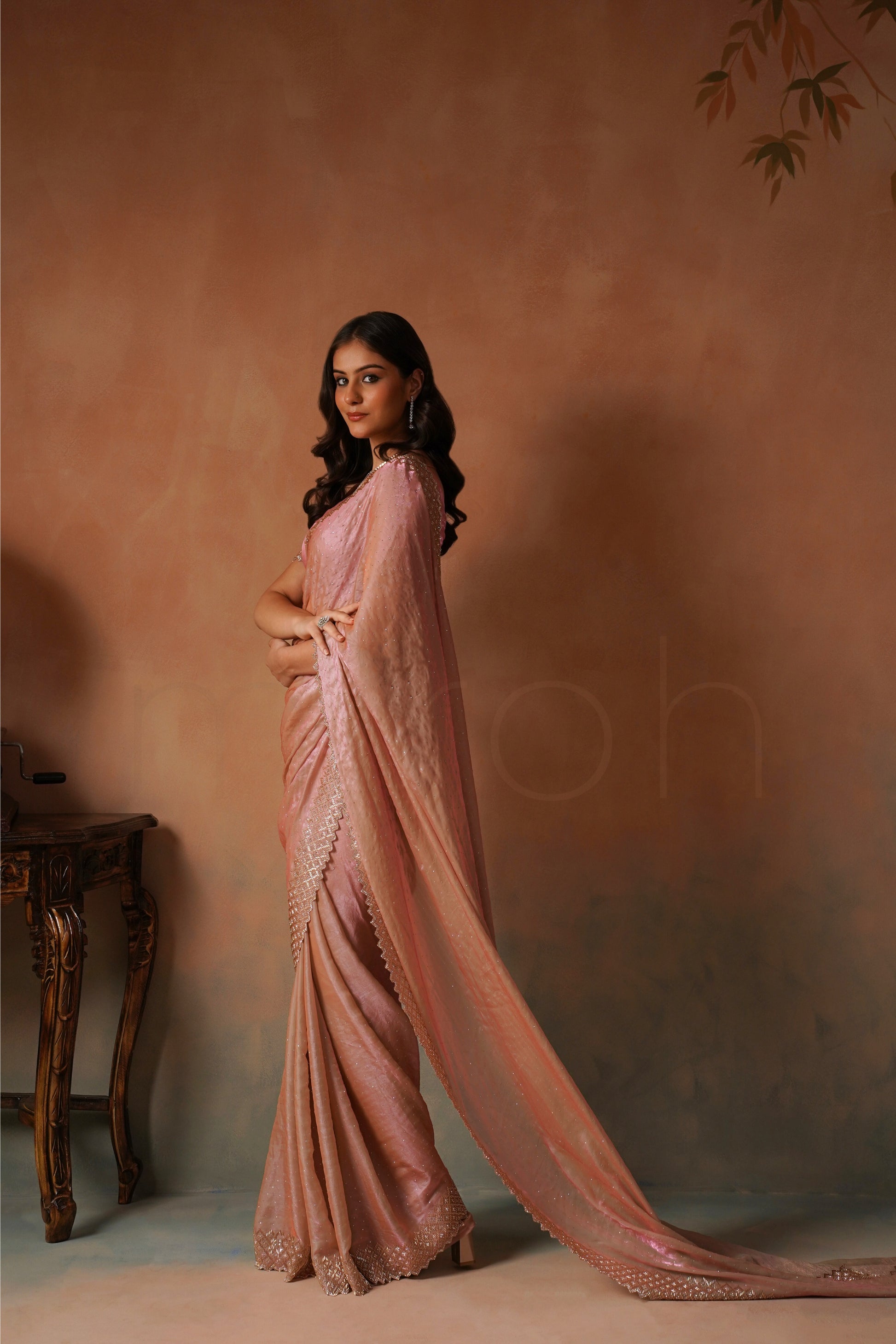 Soft Pink Fendi Silk Saree with Beaded Scallop & Stone Embellishments