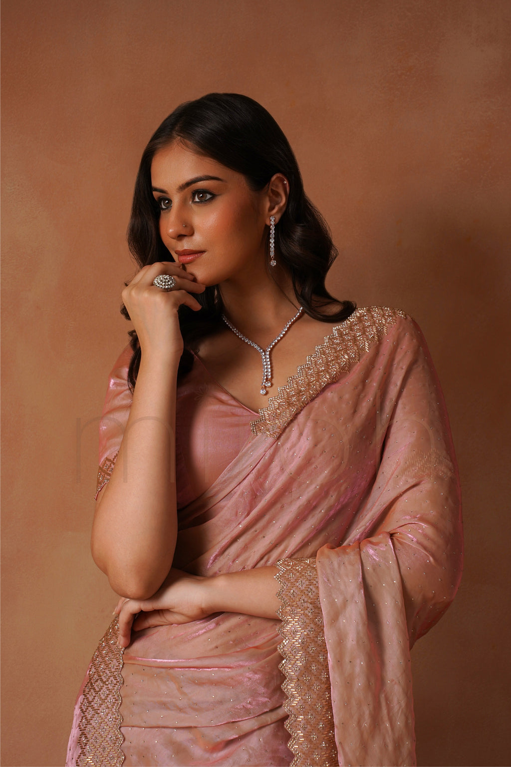 Soft Pink Fendi Silk Saree with Beaded Scallop & Stone Embellishments
