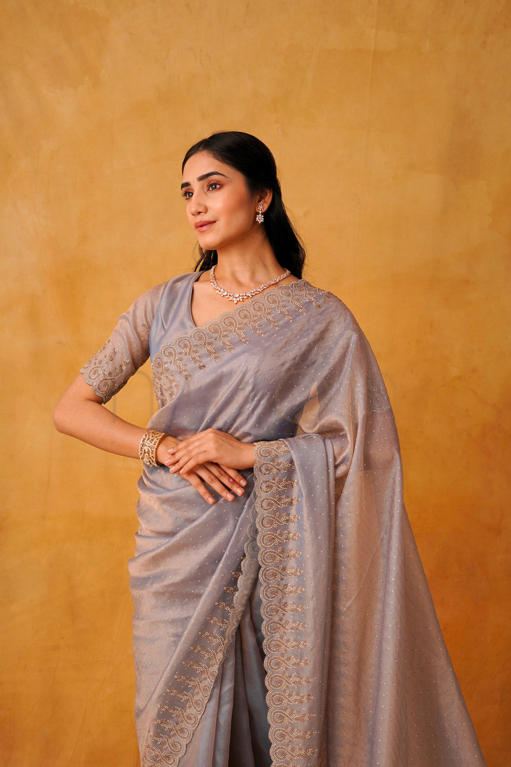 Mist Berry Organza Saree Adorned with Fine Stone Embroidery