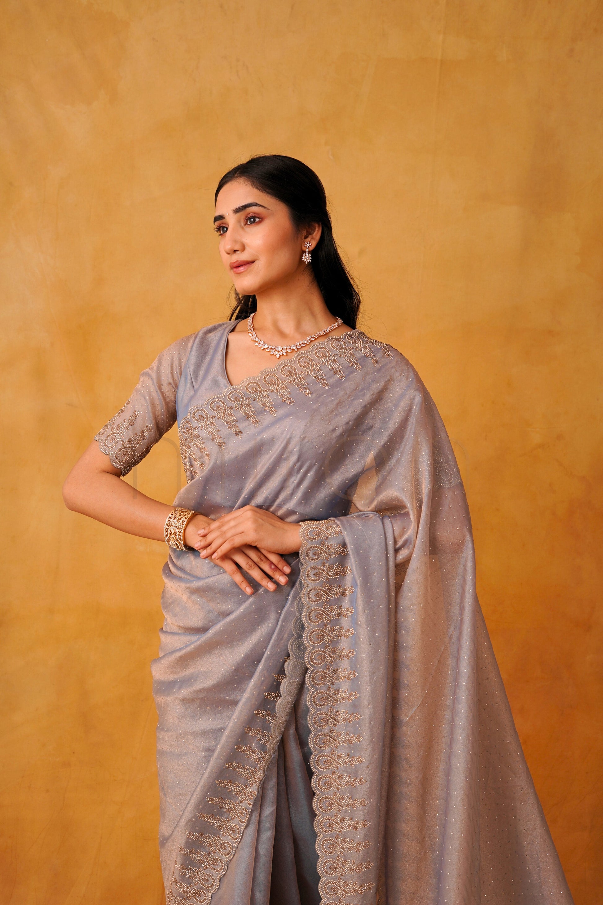 Mist Berry Organza Saree Adorned with Fine Stone Embroidery